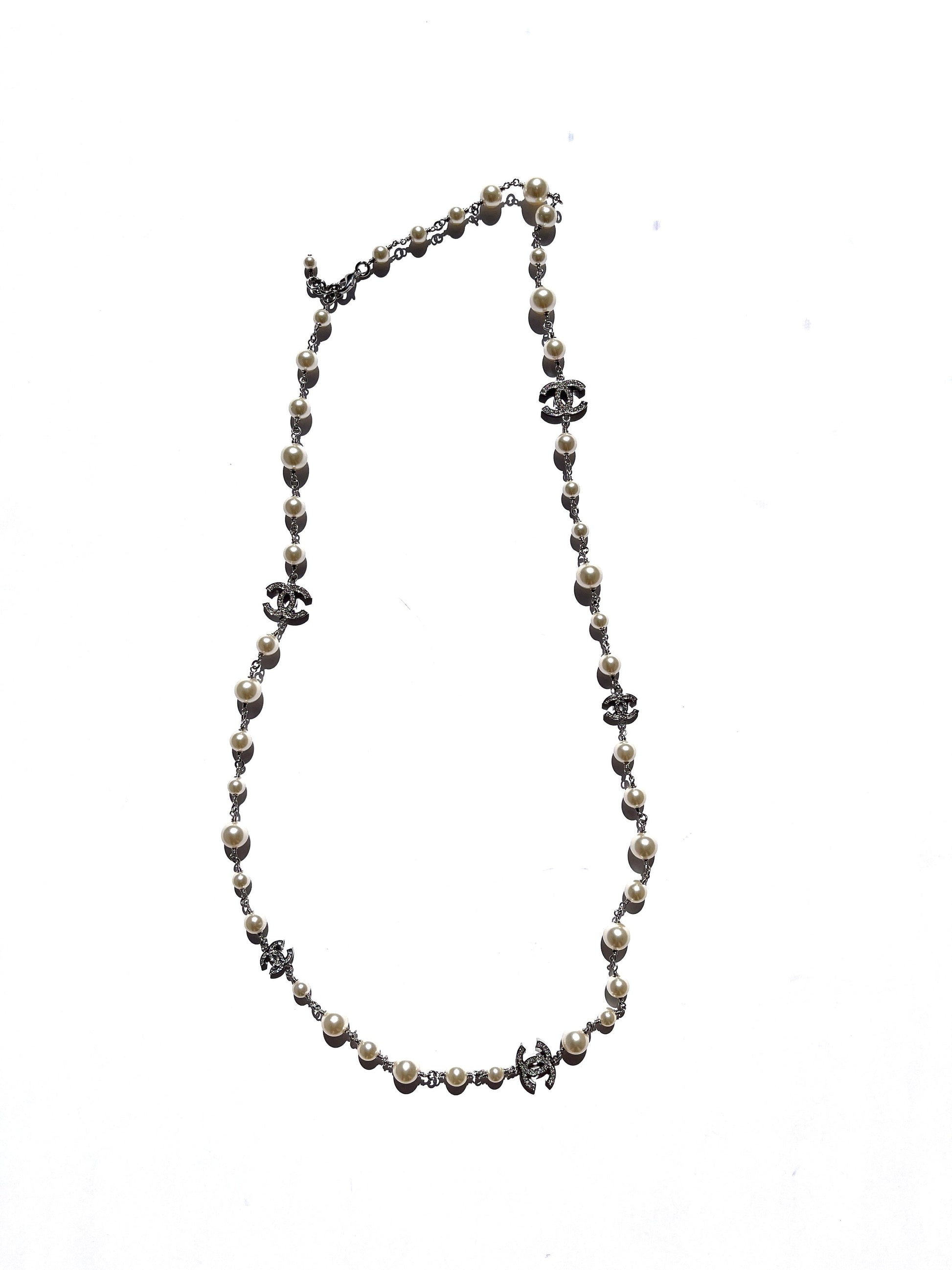Chanel Faux Pearl And Strass Cc Long Station Classic Necklace