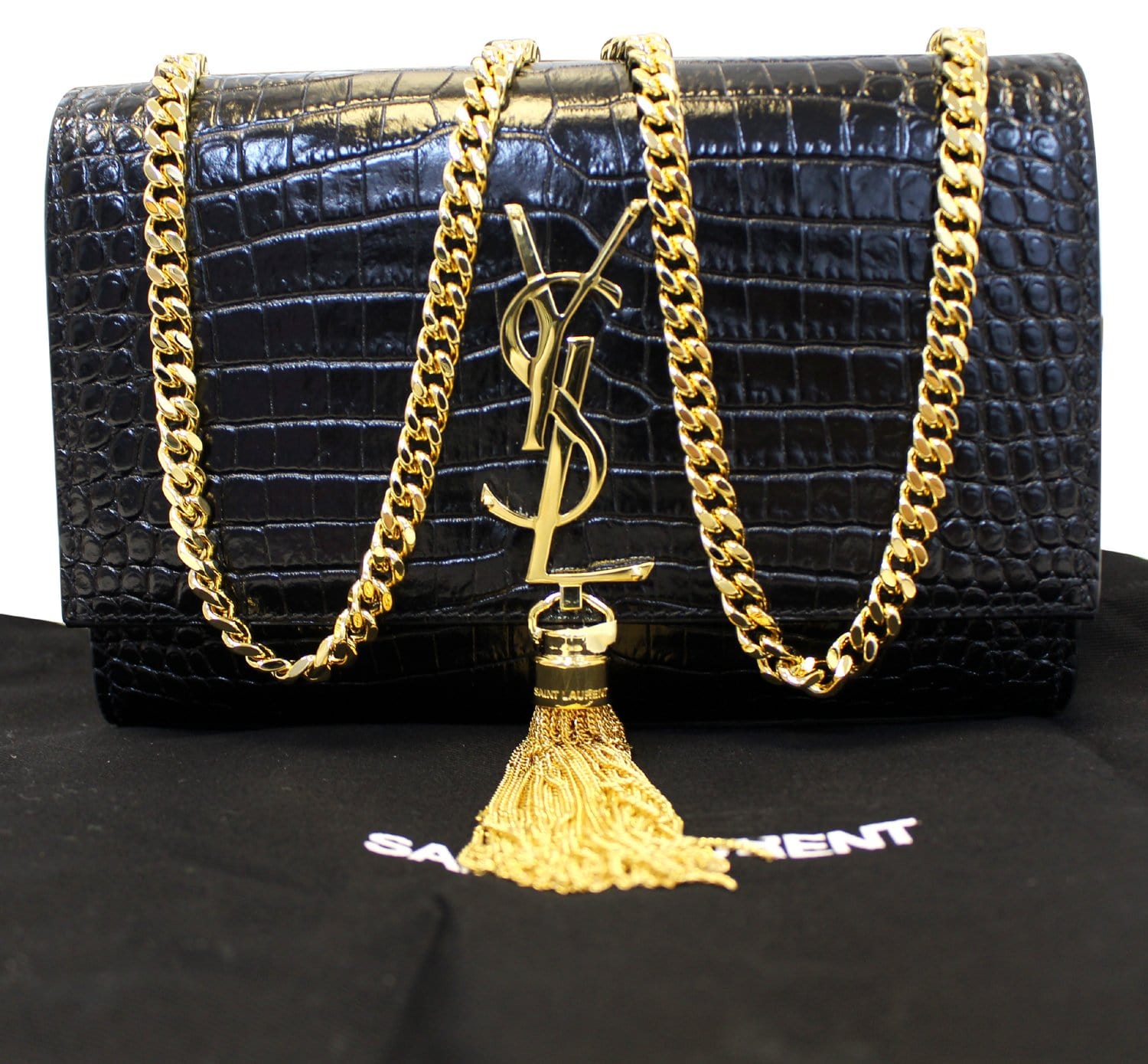 YSL Saint Laurent Saint Crocodile Chain Clutch Crossbody Bag Leather Black Bag Tt2737