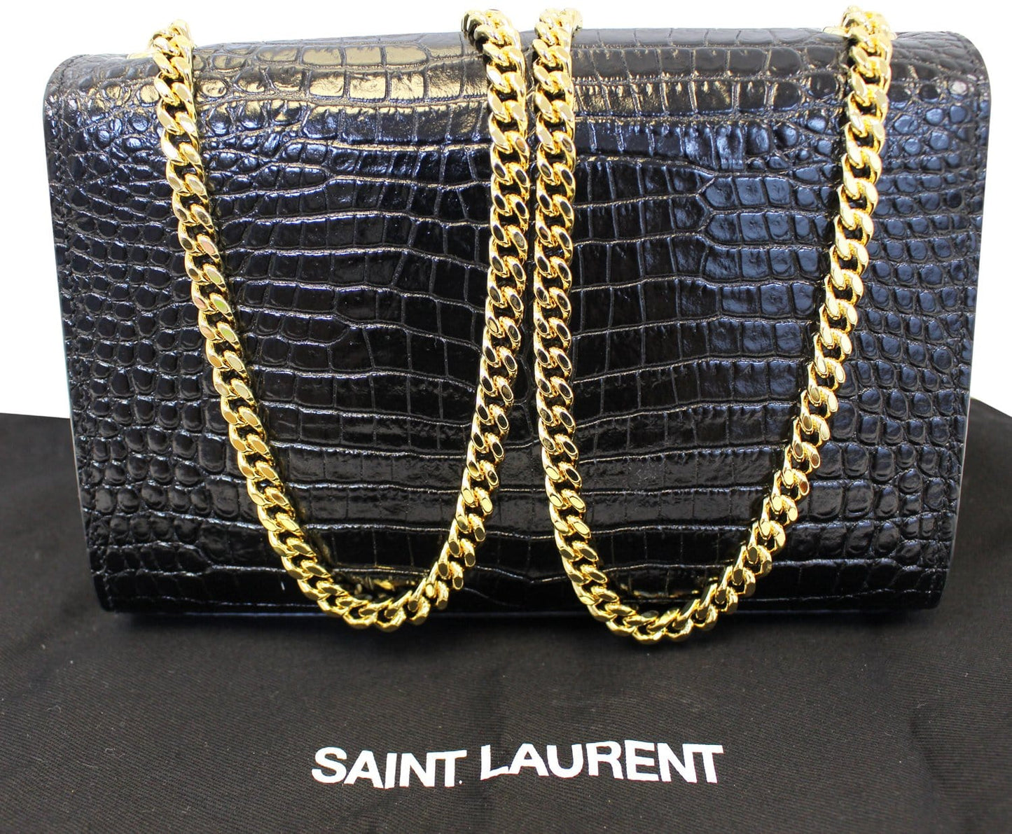 YSL Saint Laurent Yves Crocodile Clutch Crossbody Bag Leather Black Gold Clutch Bag