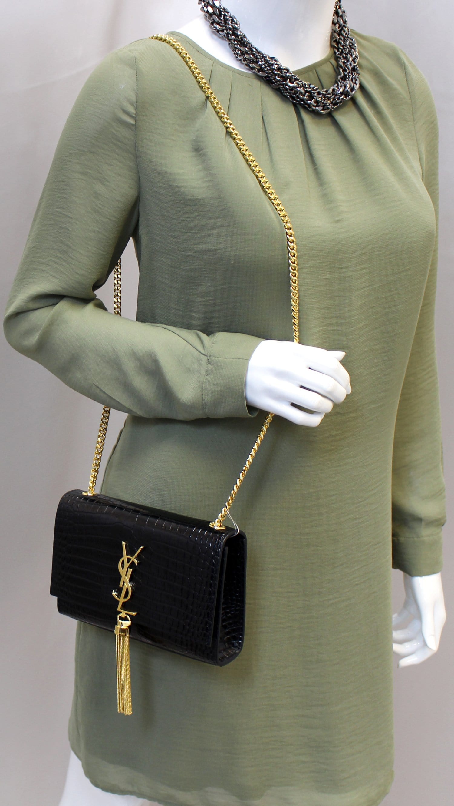 YSL Saint Laurent Saint Crocodile Chain Clutch Crossbody Bag Leather Black Bag Tt2737