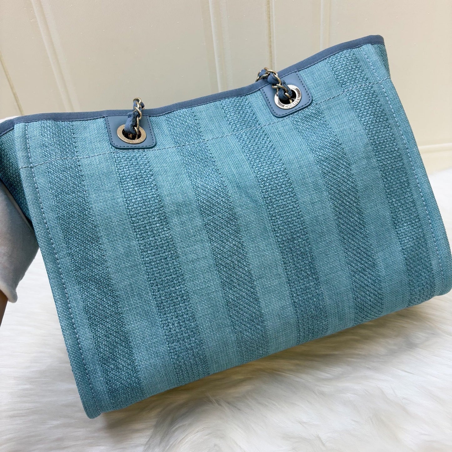 Chanel Small / Medium Deauville Tote in Green / Turquoise Fabric and Lghw ( )