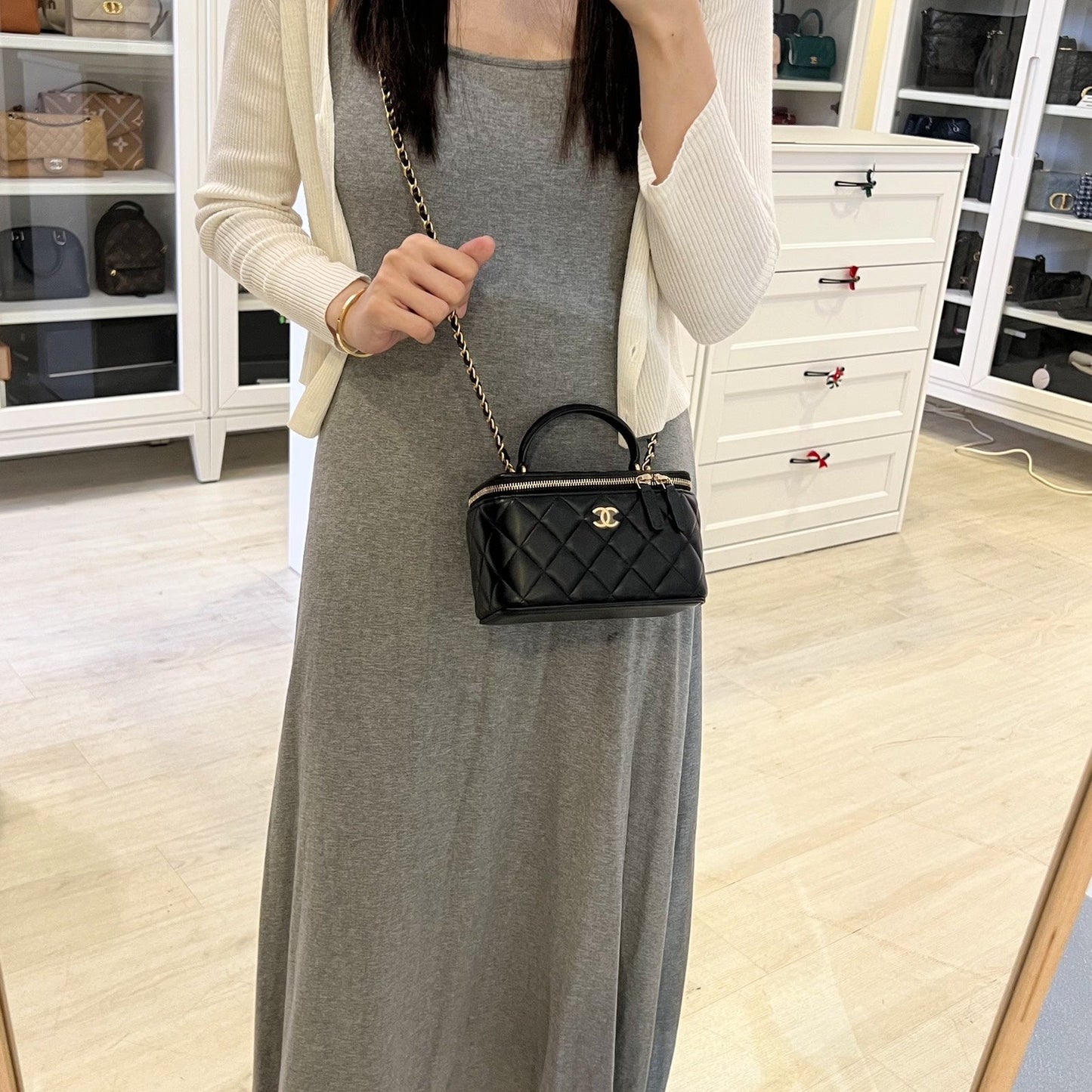 Chanel Top Handle Small Vanity In Black Lambskin And Aghw Bag