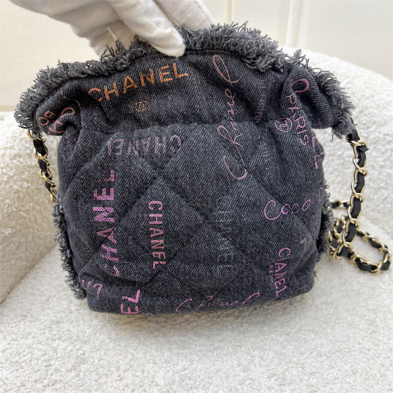 Chanel 22P Denim Mood Mini Drawstring Bucket Bag in Black Printed Denim and Lghw