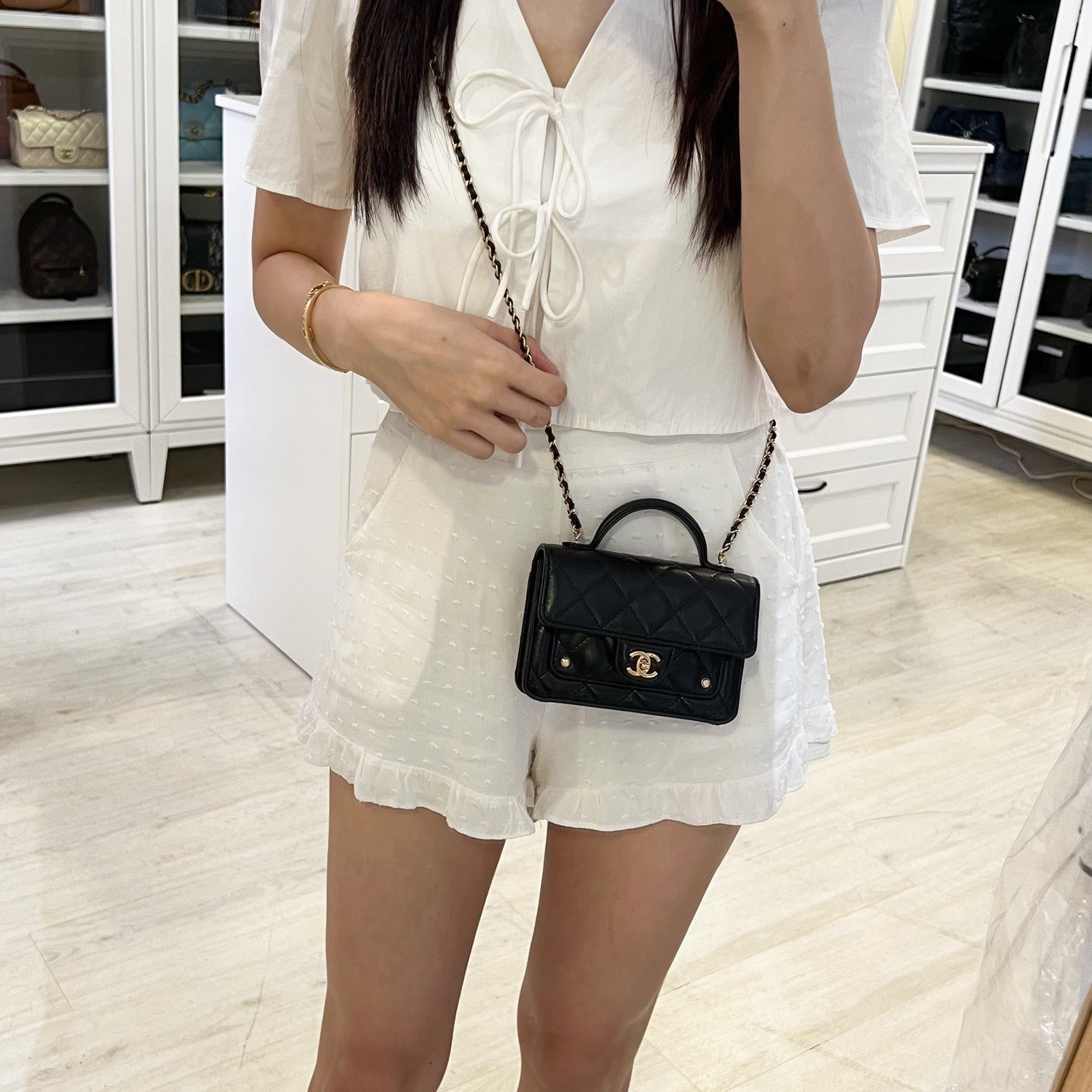 Chanel 25B Mini Clutch on Chain with Top Handle in Black Shiny Lambskin and Aghw