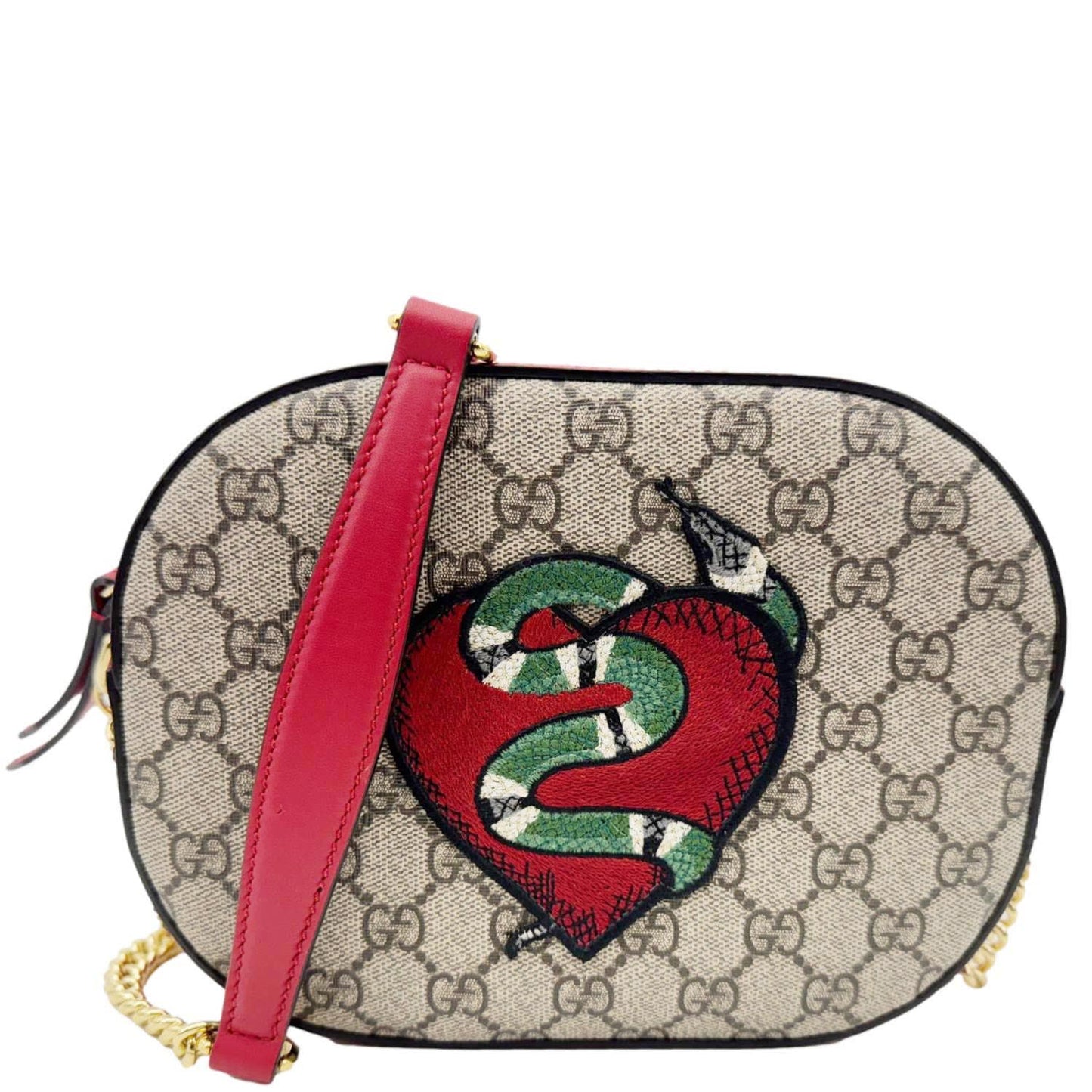 GUCCI Kingsnake Heart Mini GG Supreme Chain Crossbody Bag Red 409535