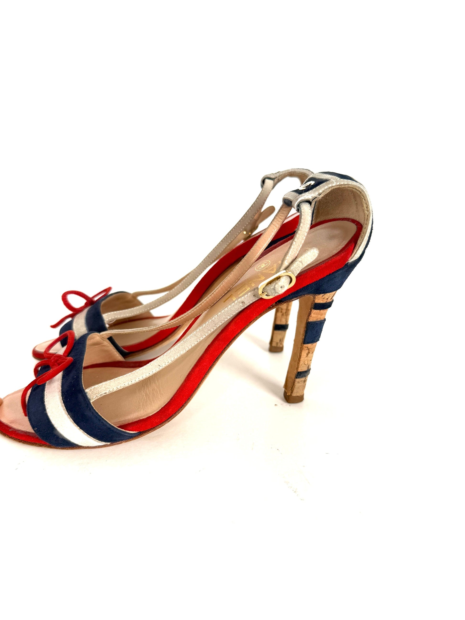 Chanel Red Blue White Suede Bow CC Cork Heel Sandals Heels 37 6.5 for Women