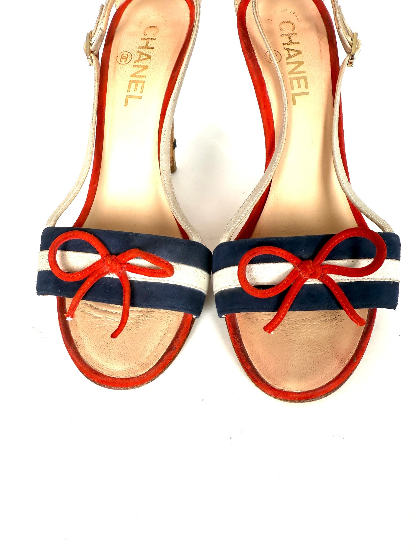 Chanel Red Blue White Suede Bow CC Cork Heel Sandals Heels 37 6.5 for Women