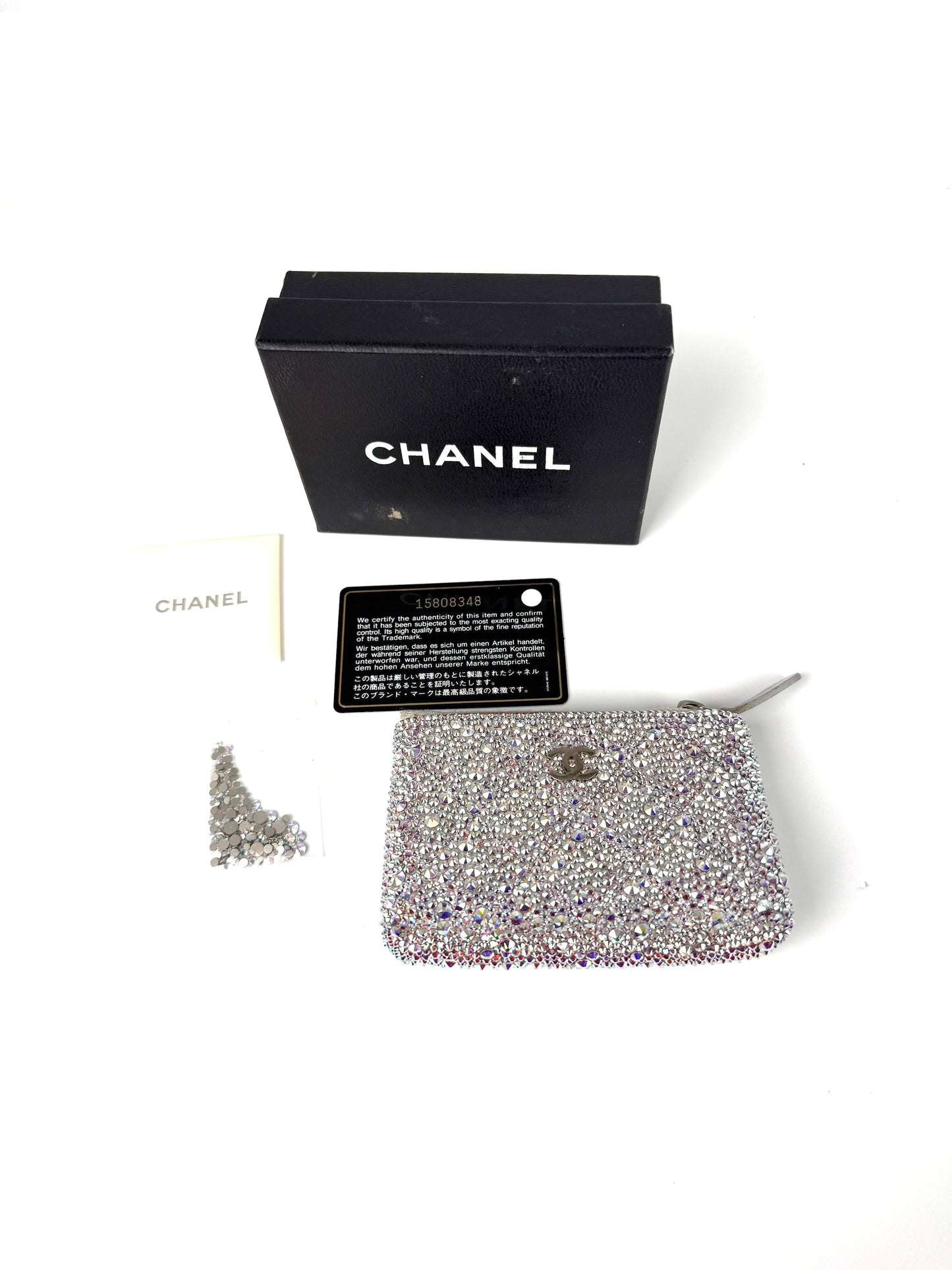 Chanel Silver Swarovski Crystal Leather Key Pouch Case Holder Bag