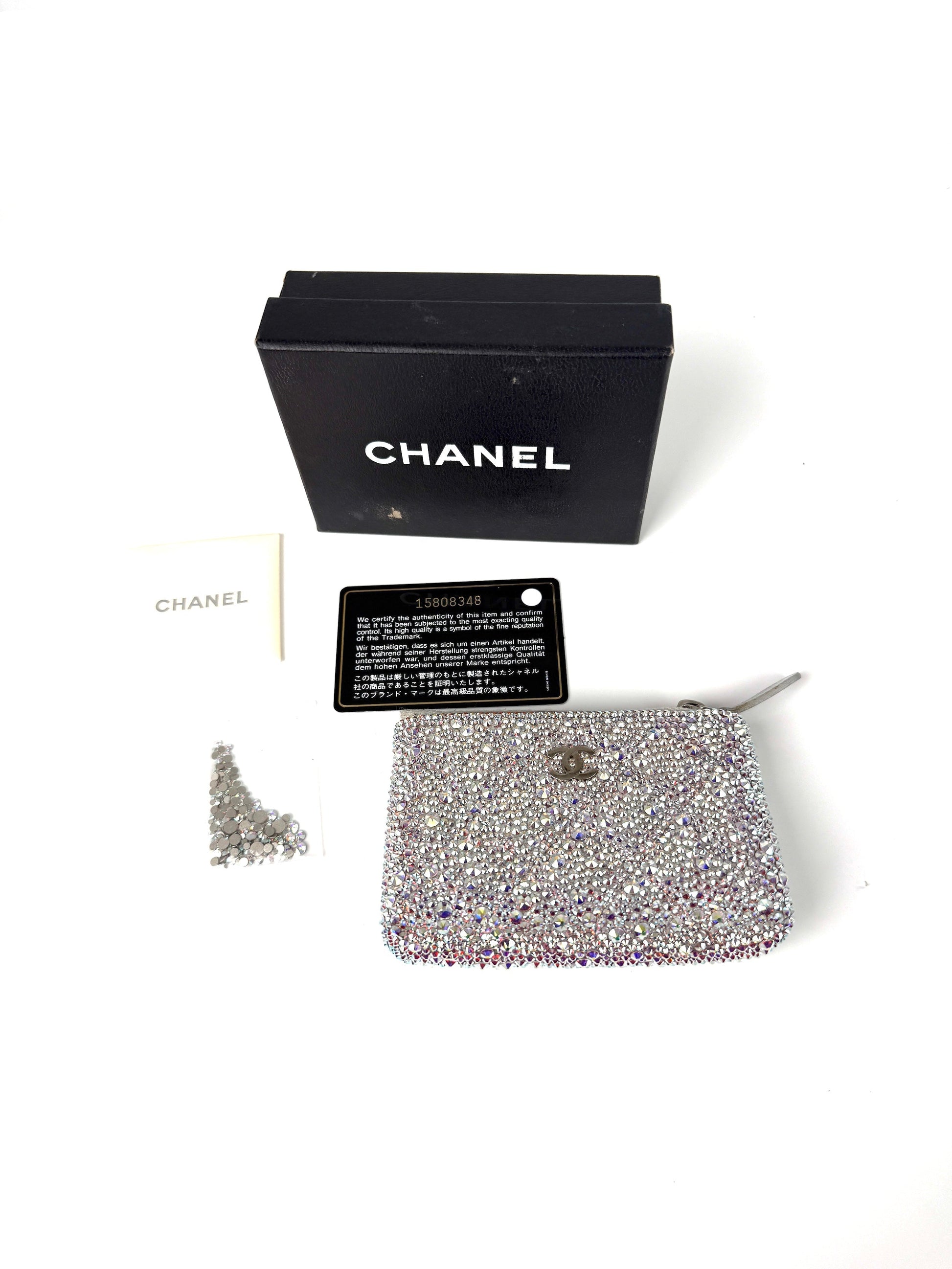 Chanel Silver Swarovski Crystal Leather Key Pouch Case Holder Handbag
