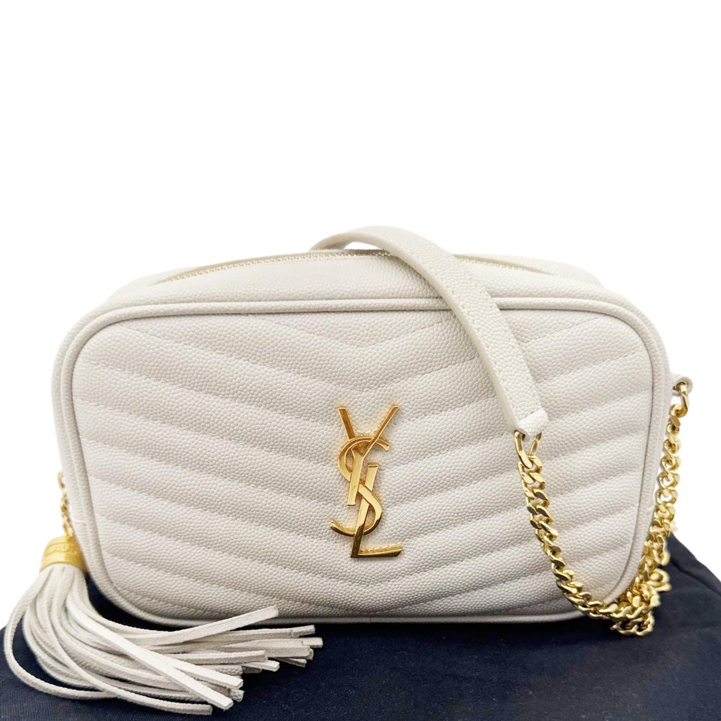 YSL Saint Laurent Yves Lou Chevron Camera Crossbody Bag Off Leather White Mini