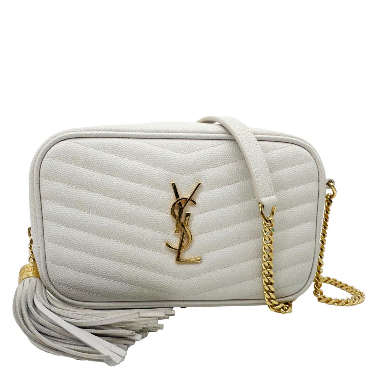 YSL Saint Laurent Yves Lou Chevron Camera Crossbody Bag Off Leather White Mini