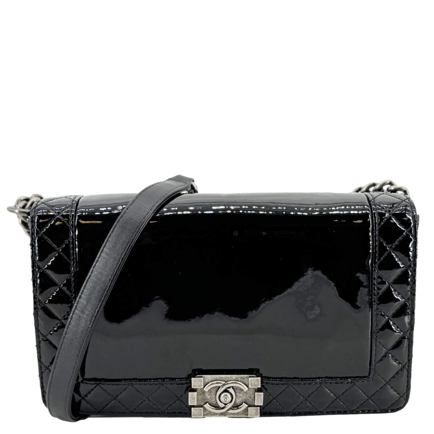Chanel Boy Reverso Flap Patent Leather Black Travel Bag