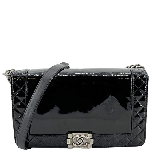 Chanel Boy Reverso Flap Patent Leather Black Travel Bag