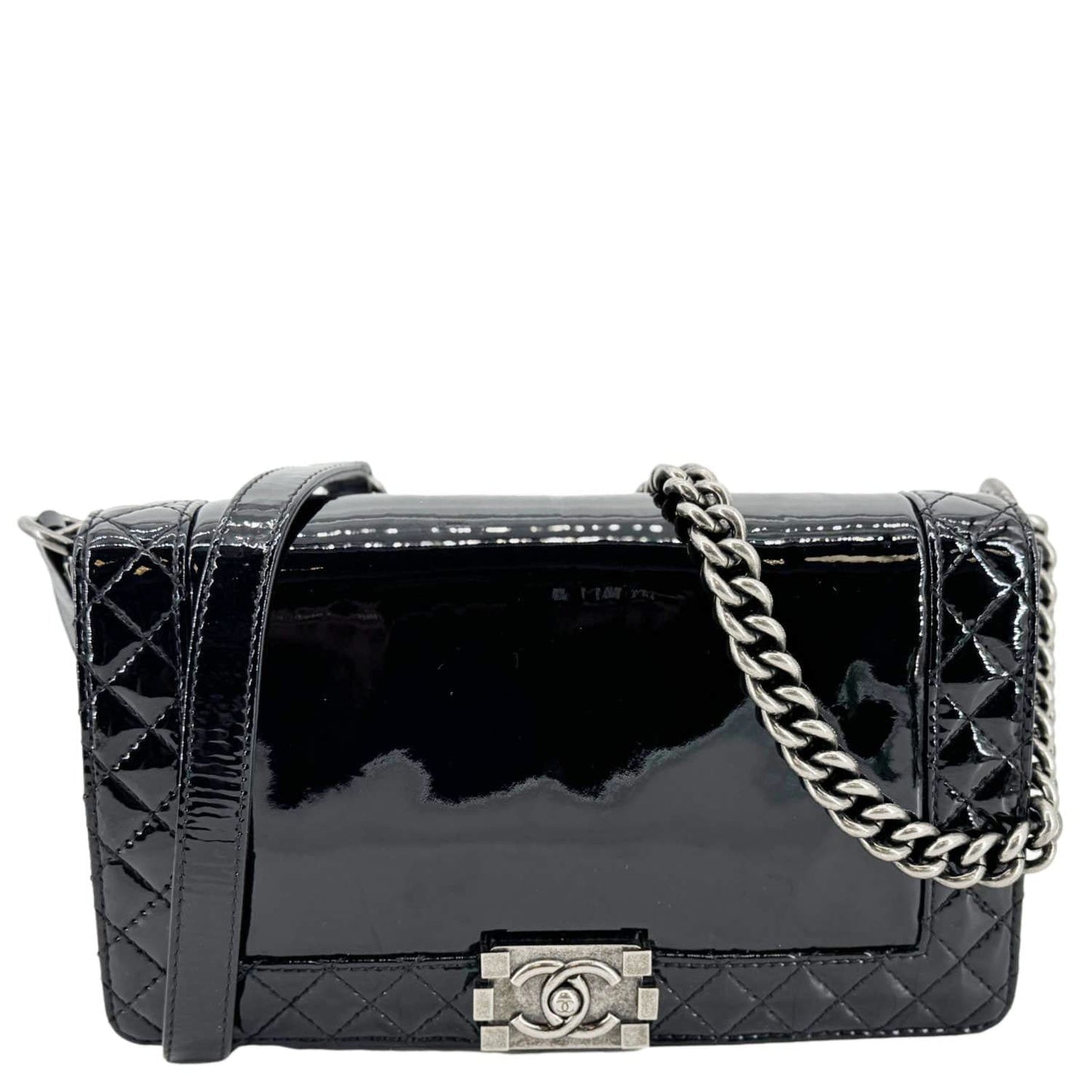 Chanel Boy Reverso Flap Patent Leather Black Travel Bag