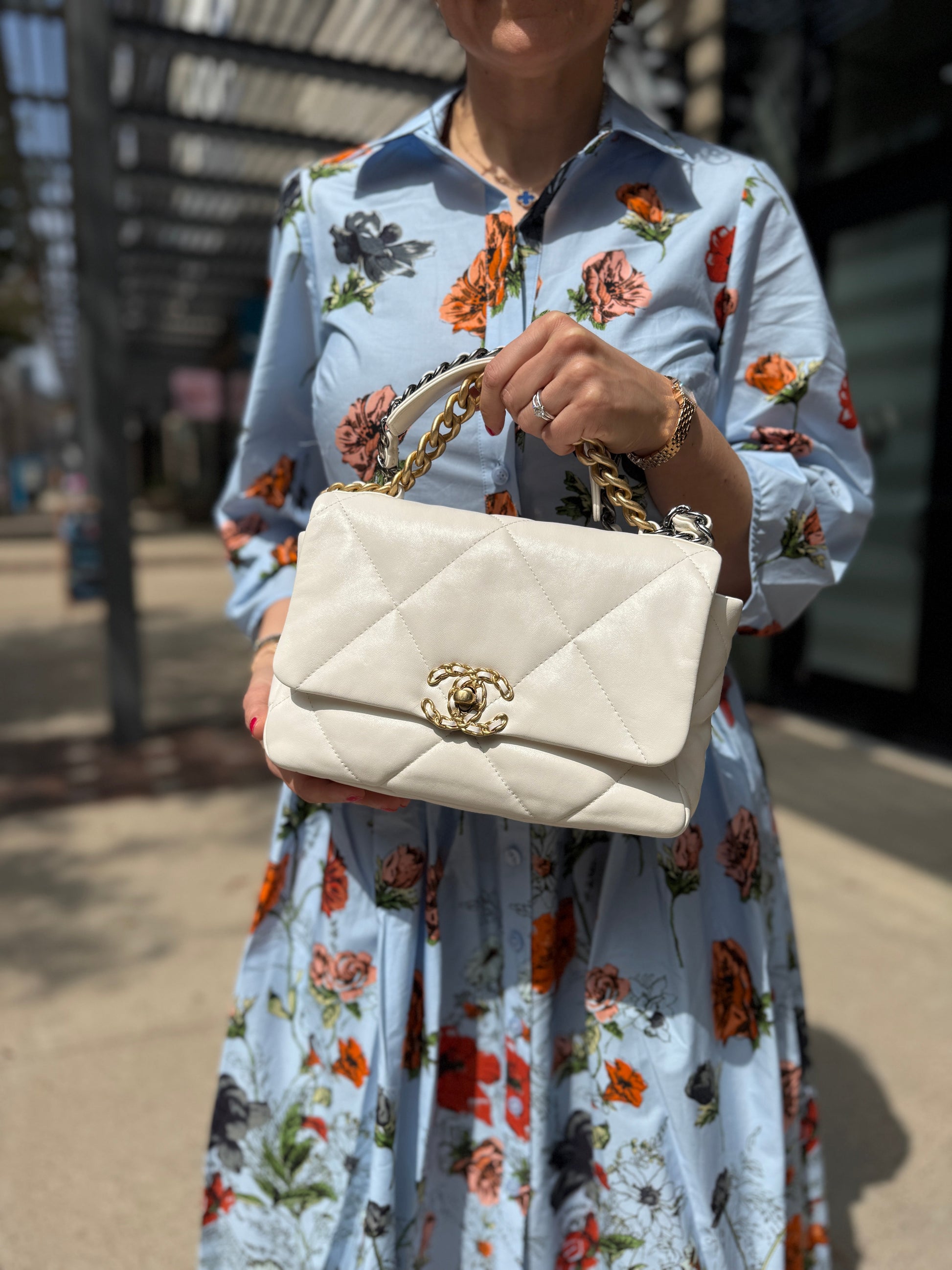 Chanel 19 Medium White Lambskin Gold Hardware Flap Bag
