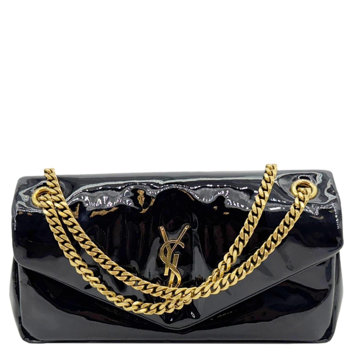 YSL Saint Laurent Yves Calypso Shoulder Bag Leather Patent Black