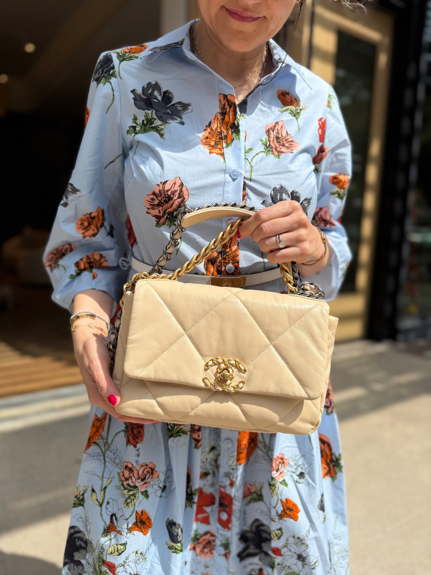 Chanel 19 Medium Beige Goatskin Gold Hardware Flap Bag