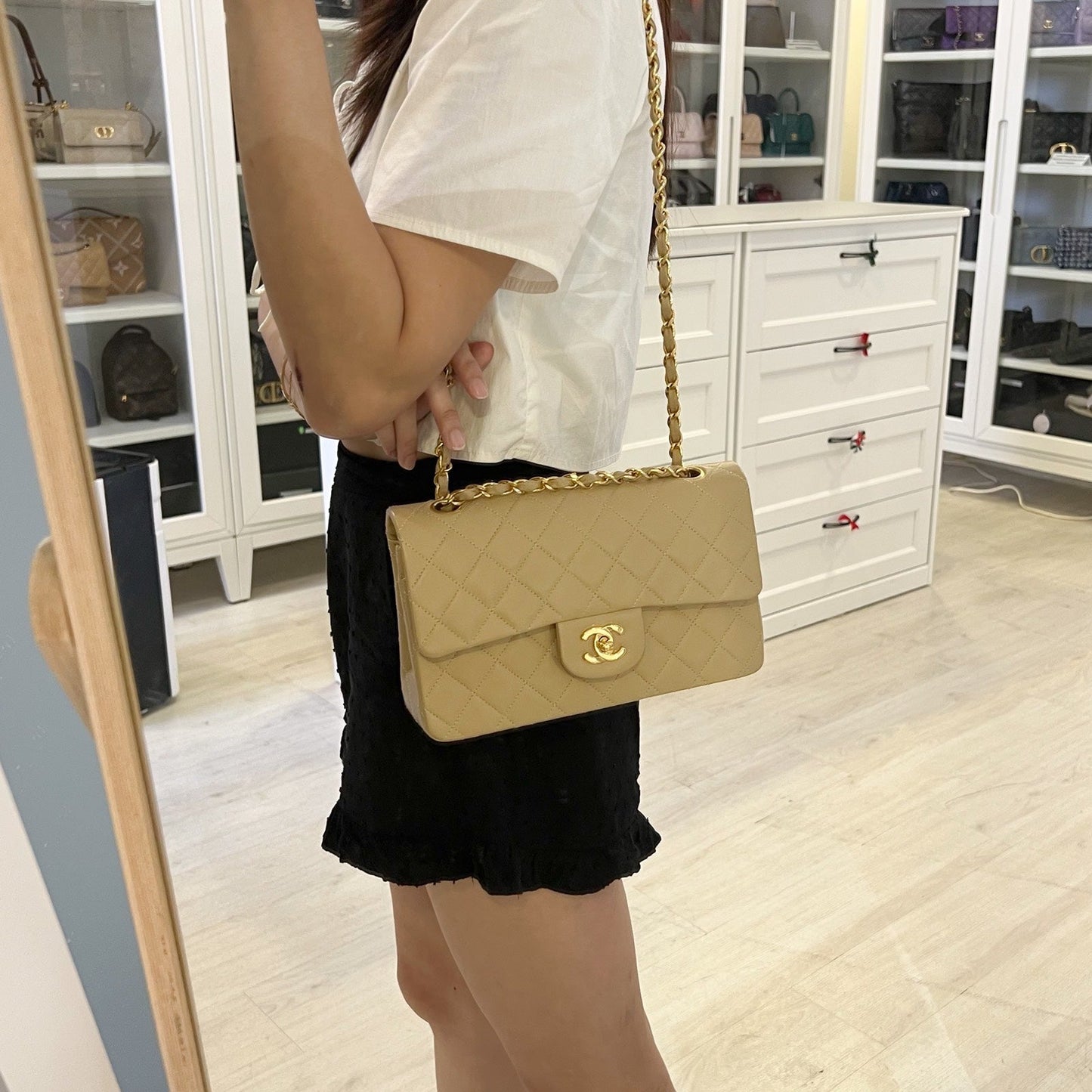Chanel Small Classic Flap Cf In Beige Lambskin And 24K Gold Plated Hw Bag