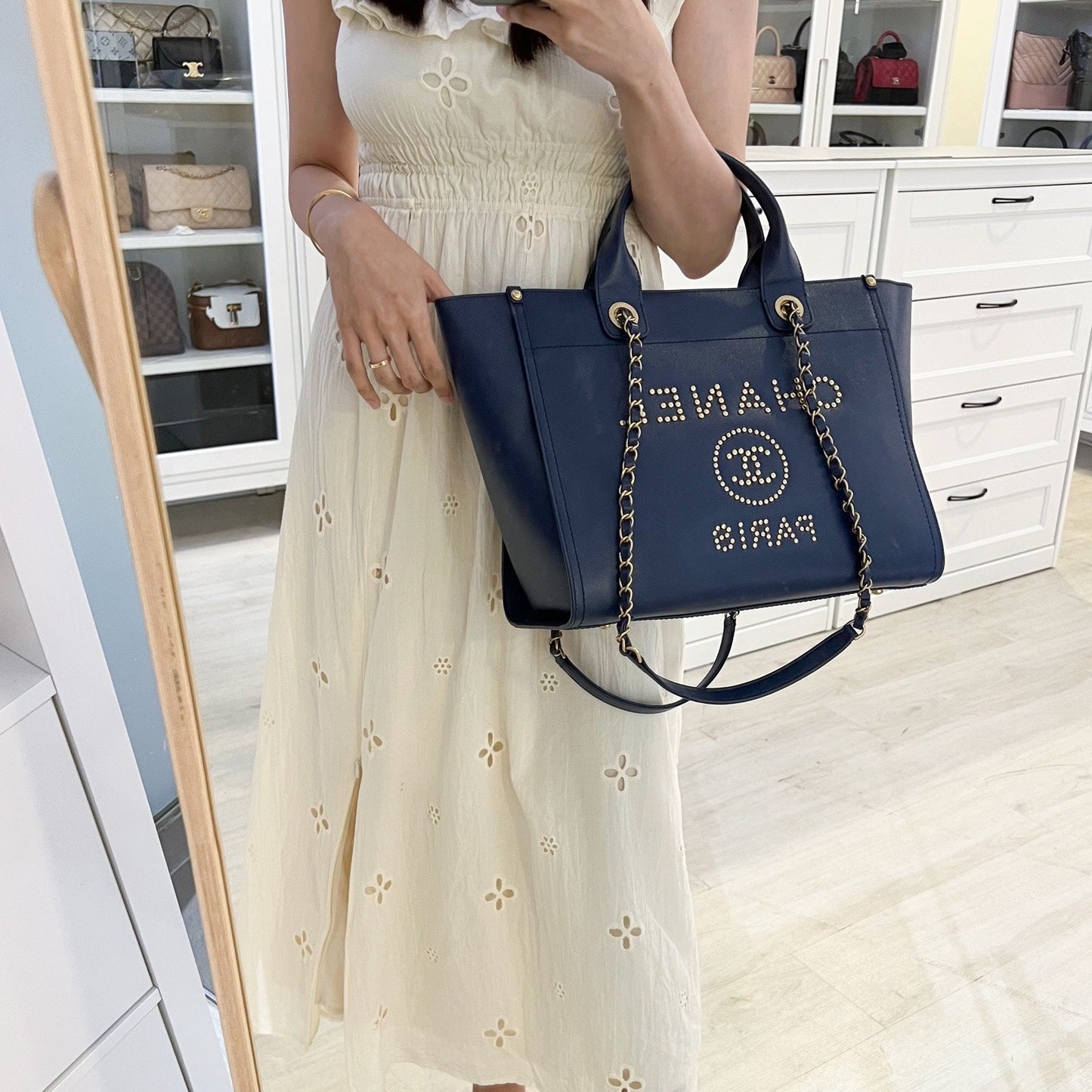 Chanel Small / Medium Deauville Tote in Navy Caviar and Aghw