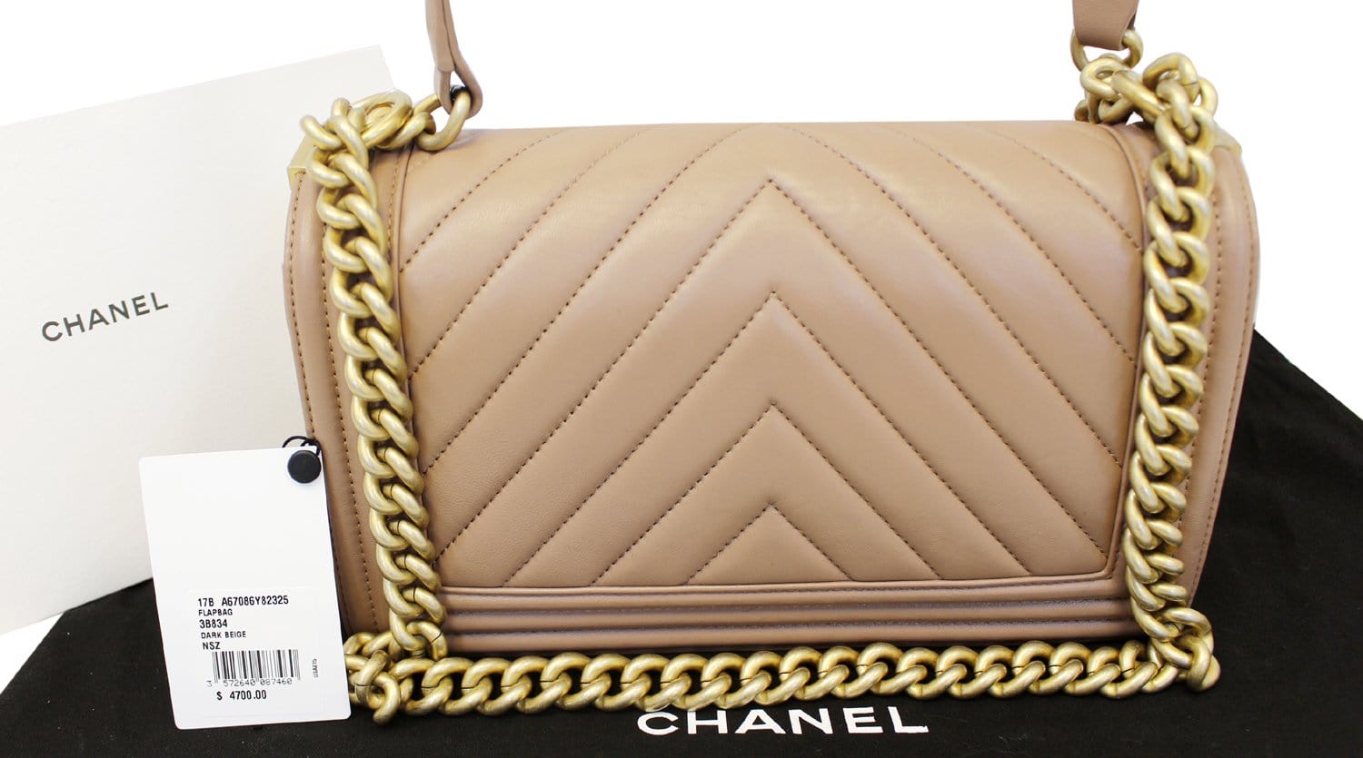 Chanel Chevron Dark Boy Flap Bag Quilted Beige Shoulder Bag