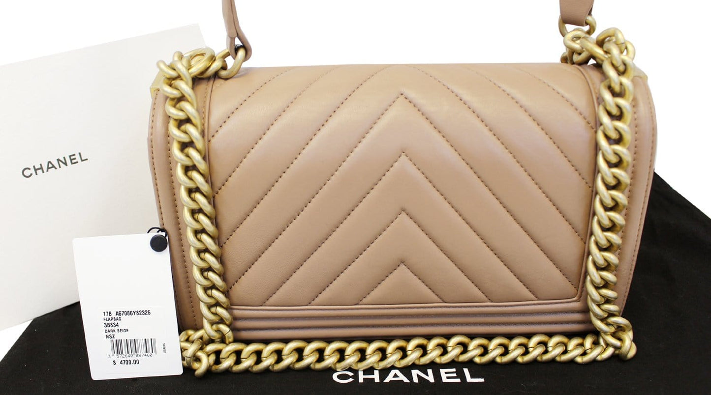 Chanel Chevron Quilted Dark Boy Flap Calfskin Beige Travel Bag