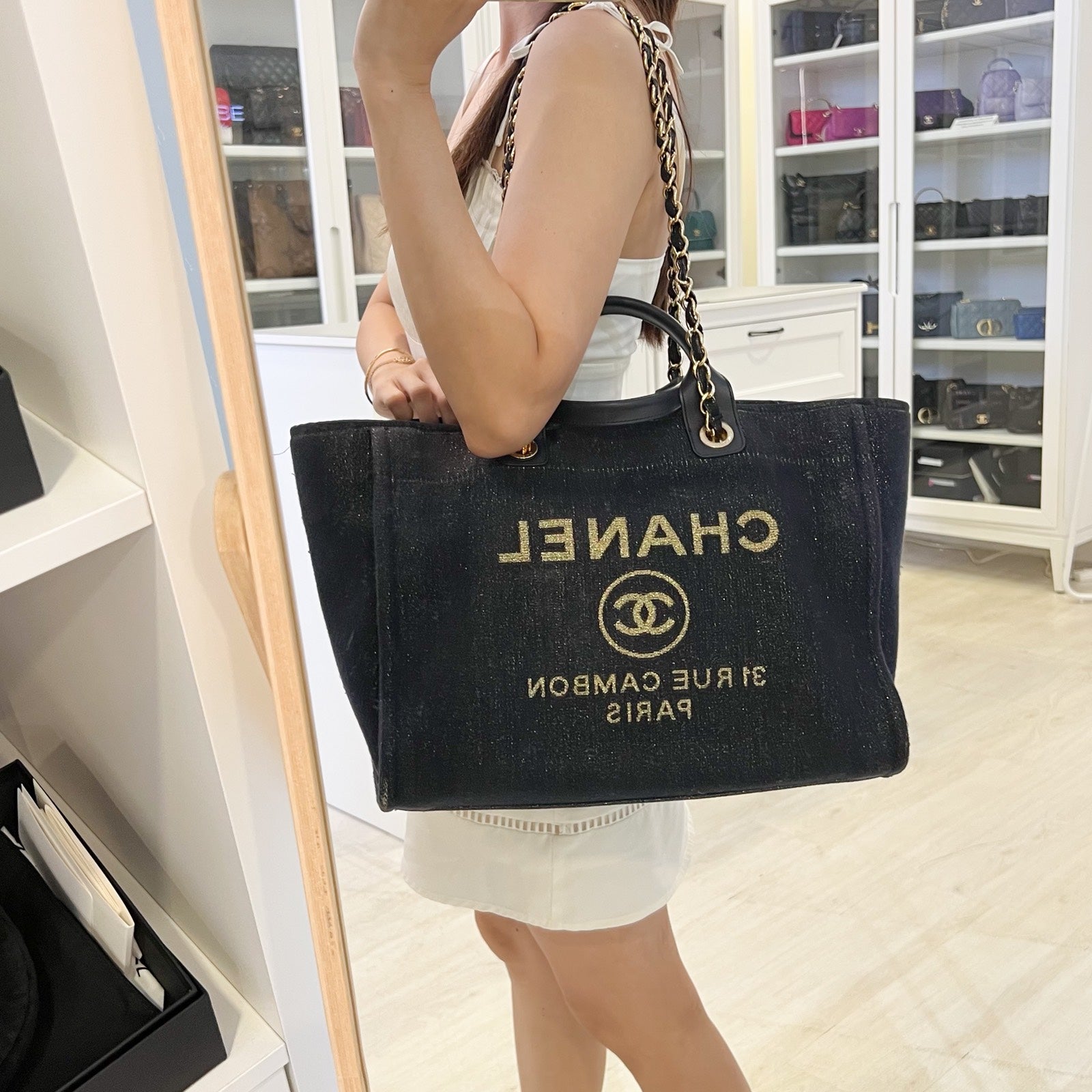 Chanel Large Deauville Tote in Navy Fabric,glittery Threading and Lghw ( )