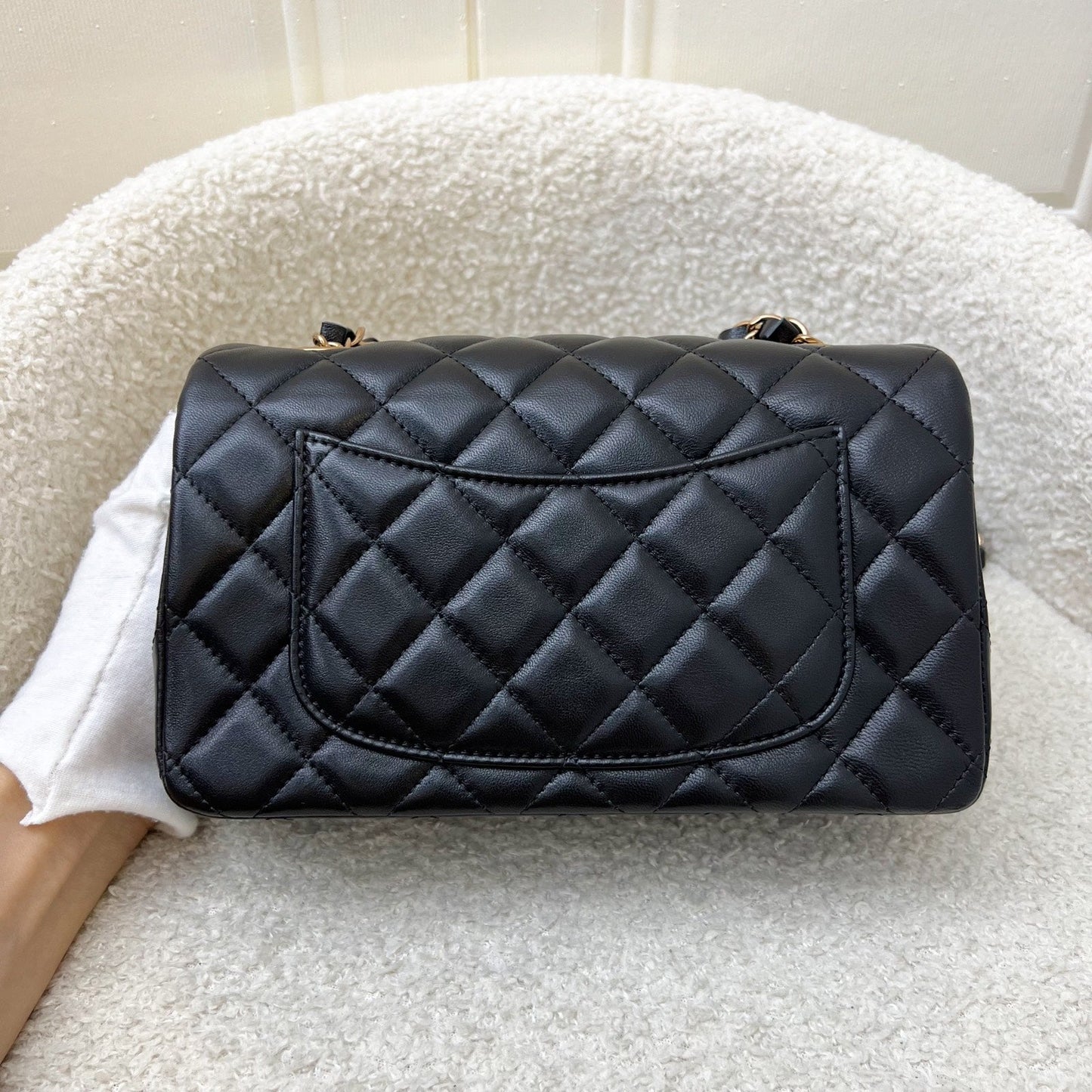 Chanel Mini Rectangle Classic Flap in Black Lambskin and Rose Gold Hw Handbag