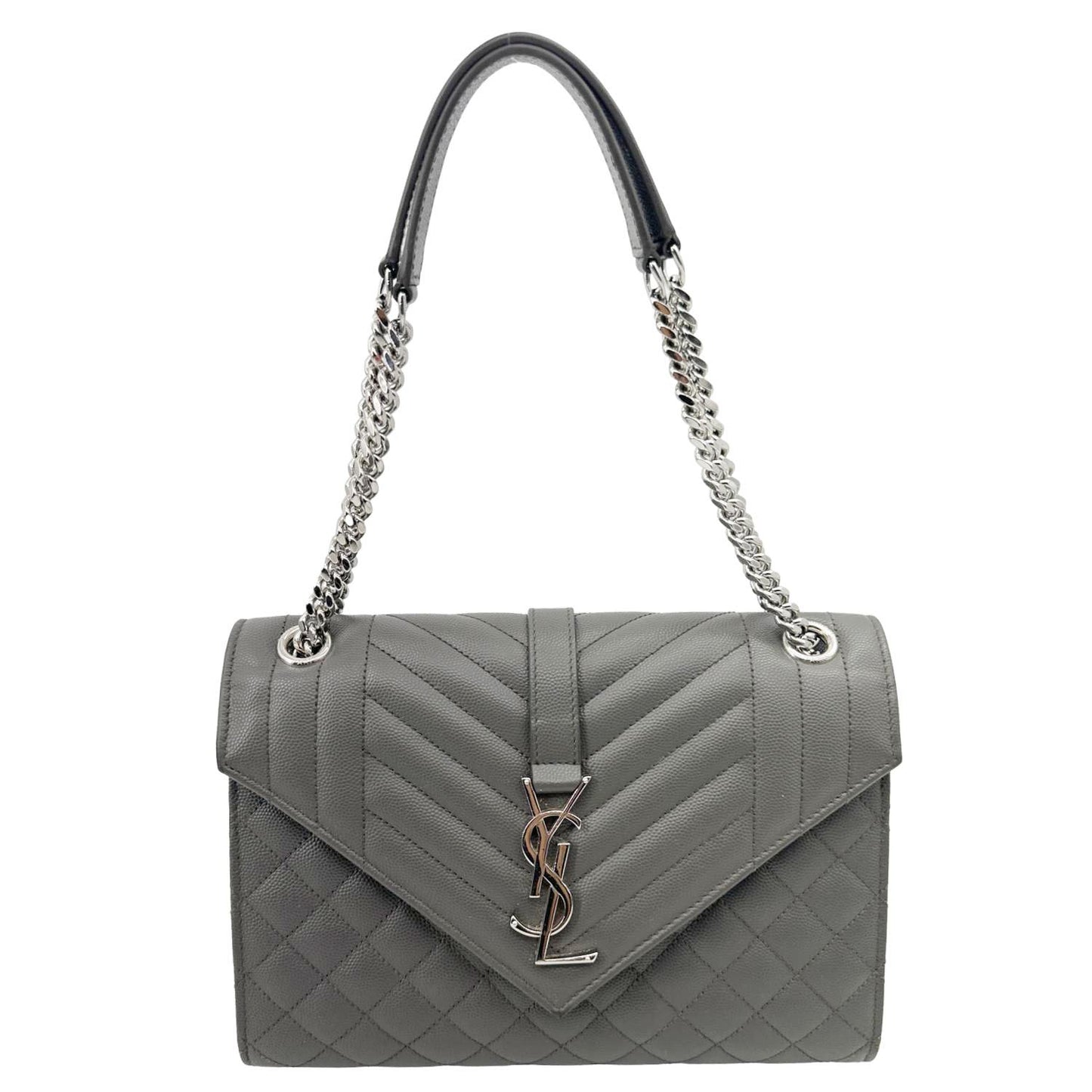 YSL Saint Laurent Yves Envelope Grain De Poudre Shoulder Bag Grey Leather Gray