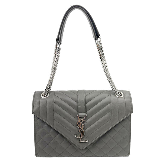 YSL Saint Laurent Yves Envelope Grain De Poudre Shoulder Bag Grey Leather Gray