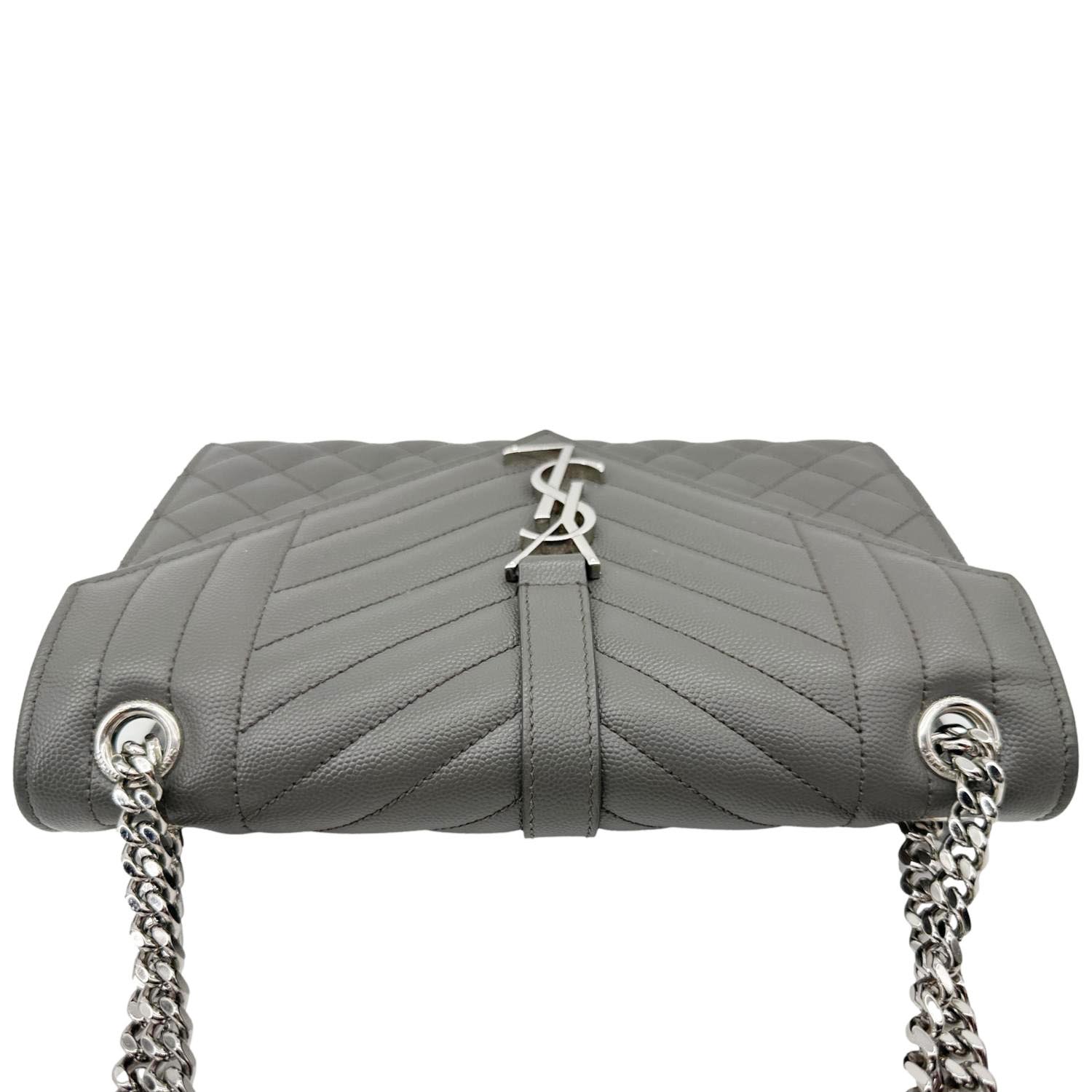 YSL Saint Laurent Yves Envelope Grain De Poudre Shoulder Bag Grey Leather Gray