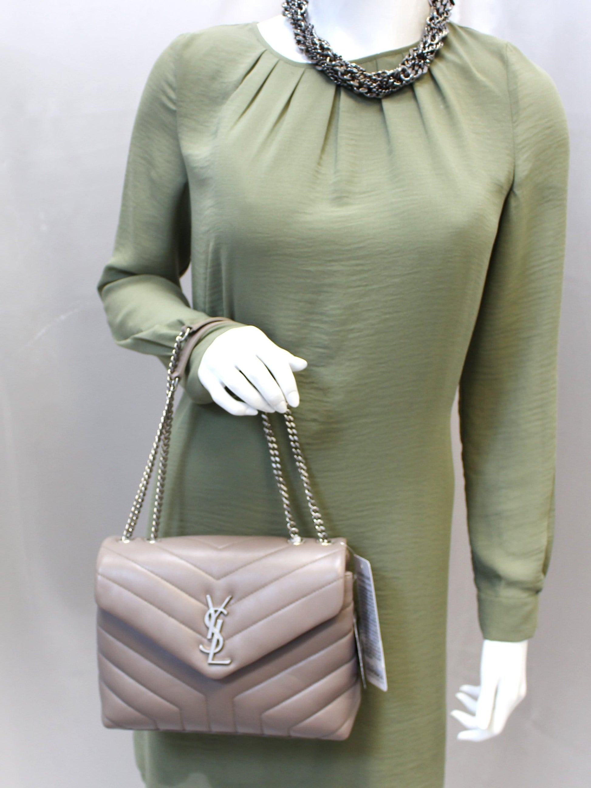 YSL Saint Laurent Yves Loulou Shoulder Bag Taupe Matelasse Small Chain