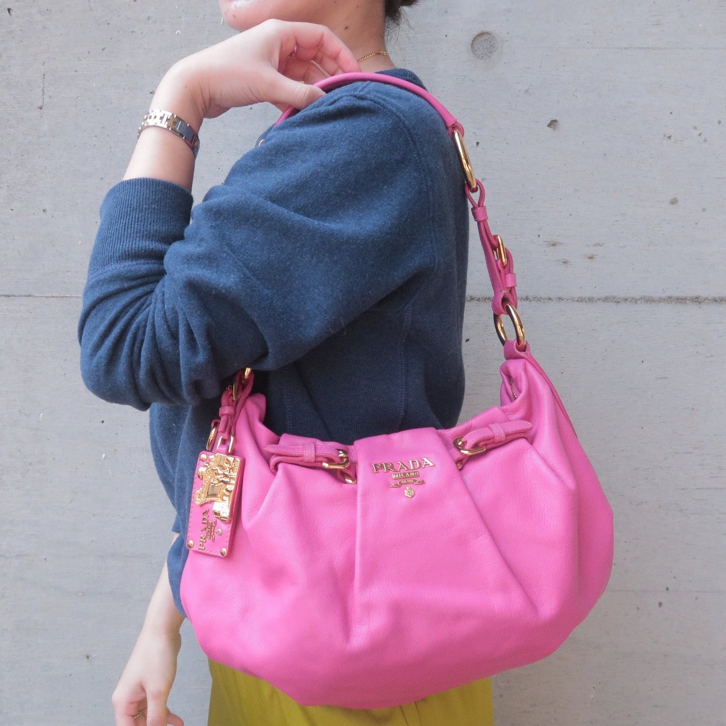 Prada Prada Logo Leather Shoulder Bag Fuxia Pink Gold