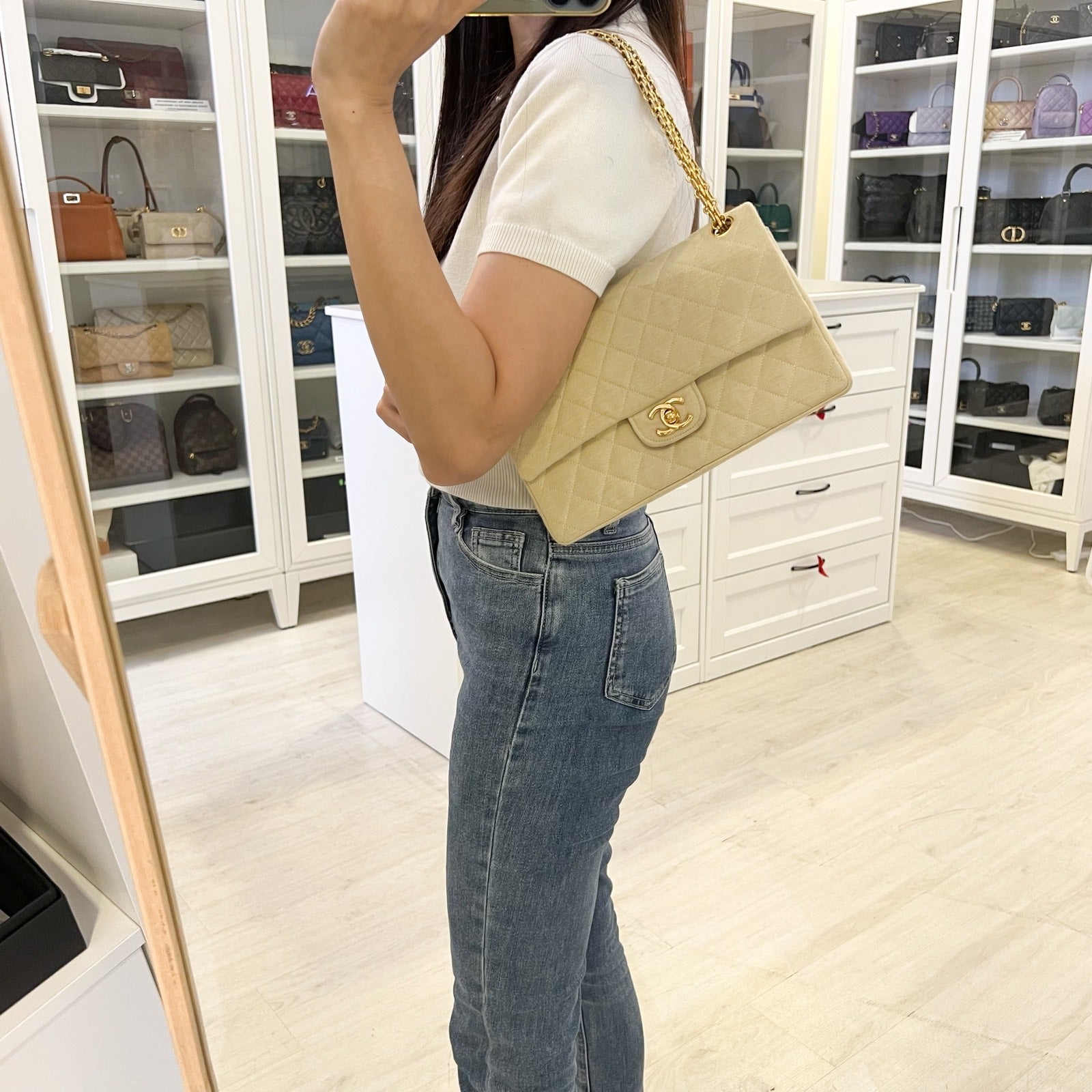 Chanel Small / Medium Flap with Bijoux Chain in Oatmeal Beige Jersey and 24K Ghw Handbag