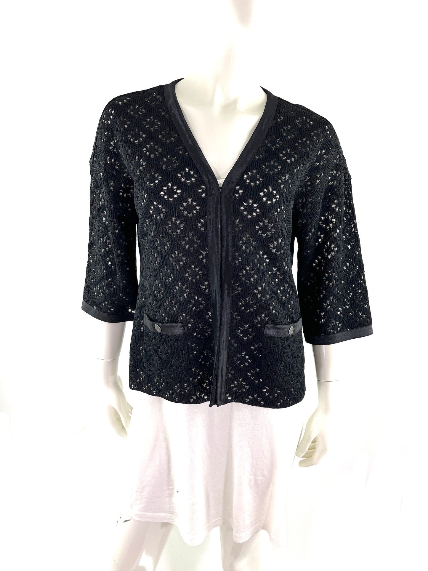 Chanel Perforated Black Silk Knit Jacket Cardigan 40 M 8