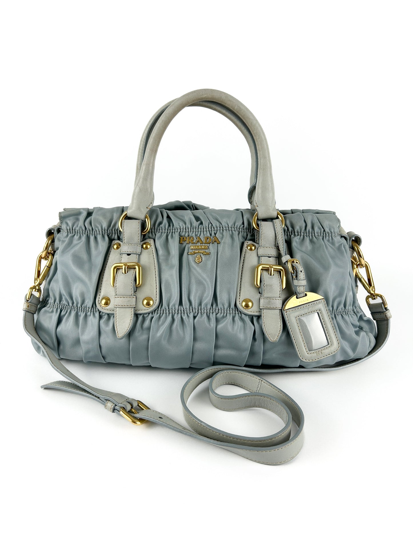 Prada Satchel Bag Tessuto Gaufre with extension strap Blue Baby