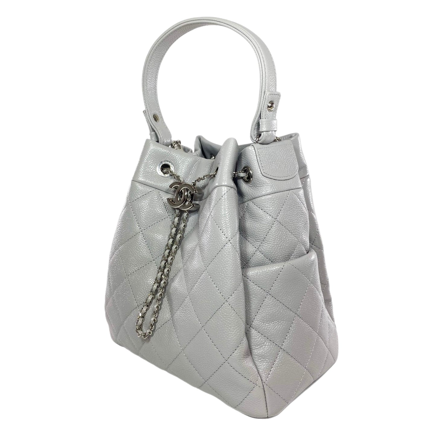 Chanel Light Gray Quilted Caviar Chain Bucket Bag