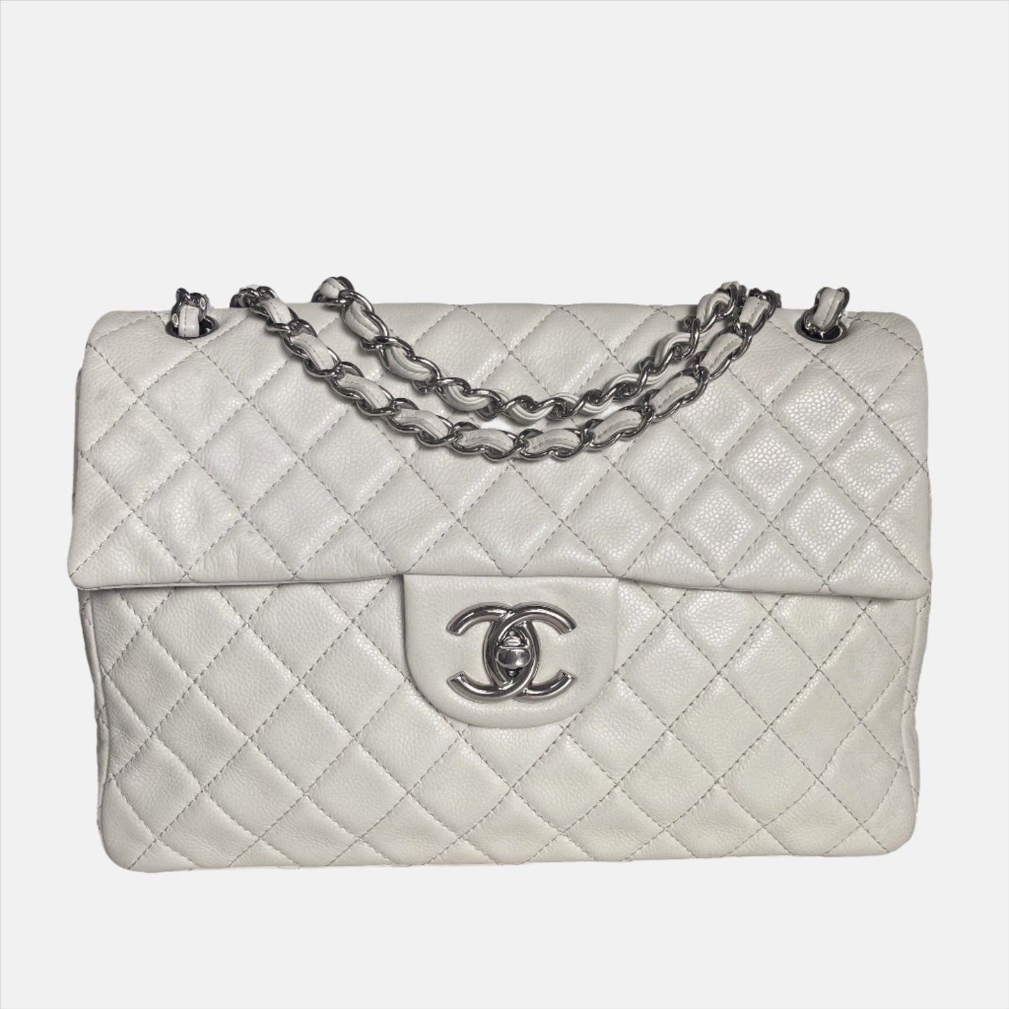 Chanel Classic Flap Maxi Milk Caviar -tone White Silver Leather Handbag