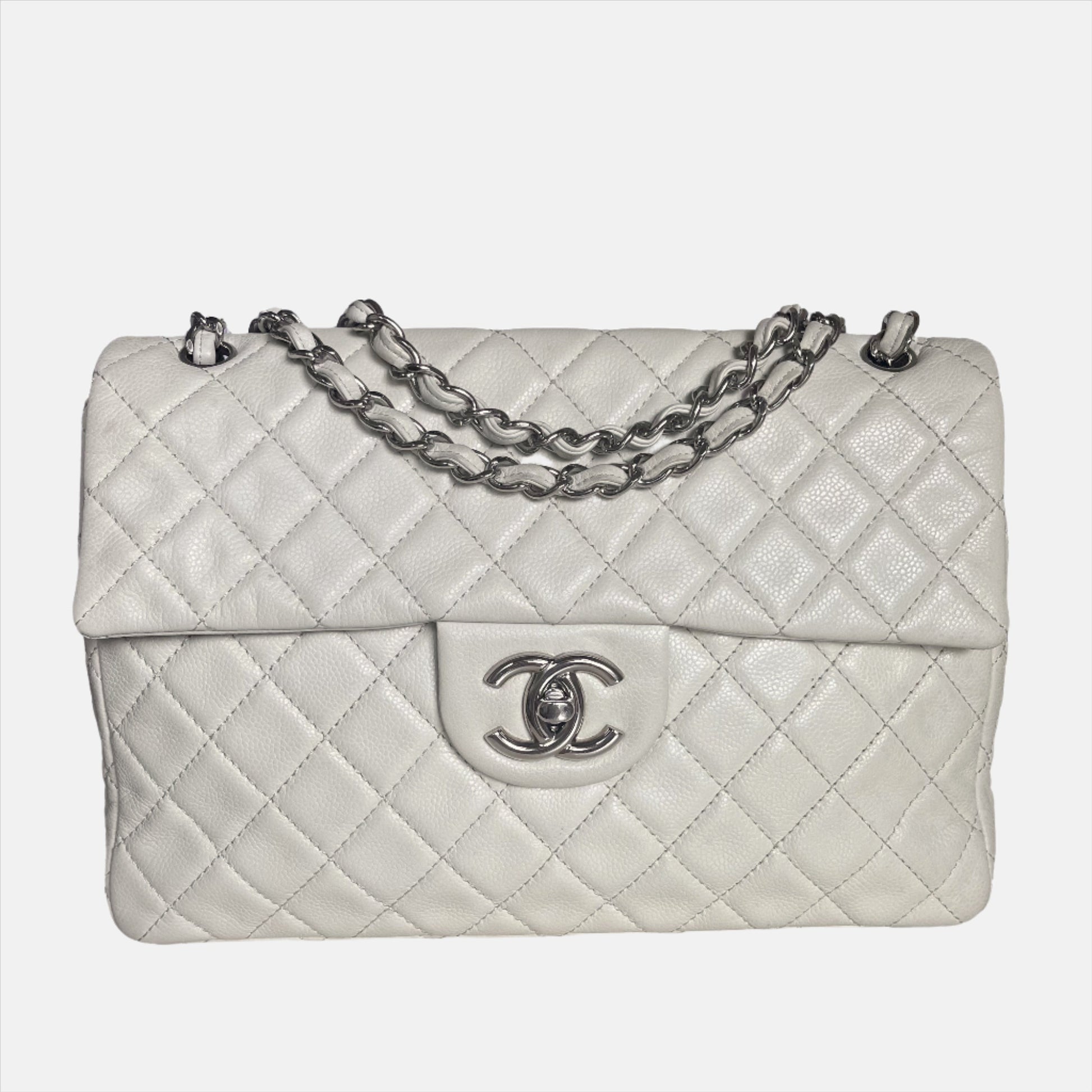 Chanel Classic Flap Maxi Milk Caviar -tone White Silver Leather Handbag