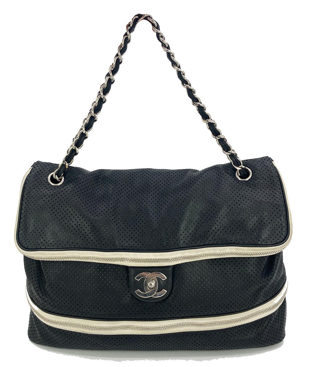 Chanel Black Perforated Leather Expandable Classic New Shoulder Bag