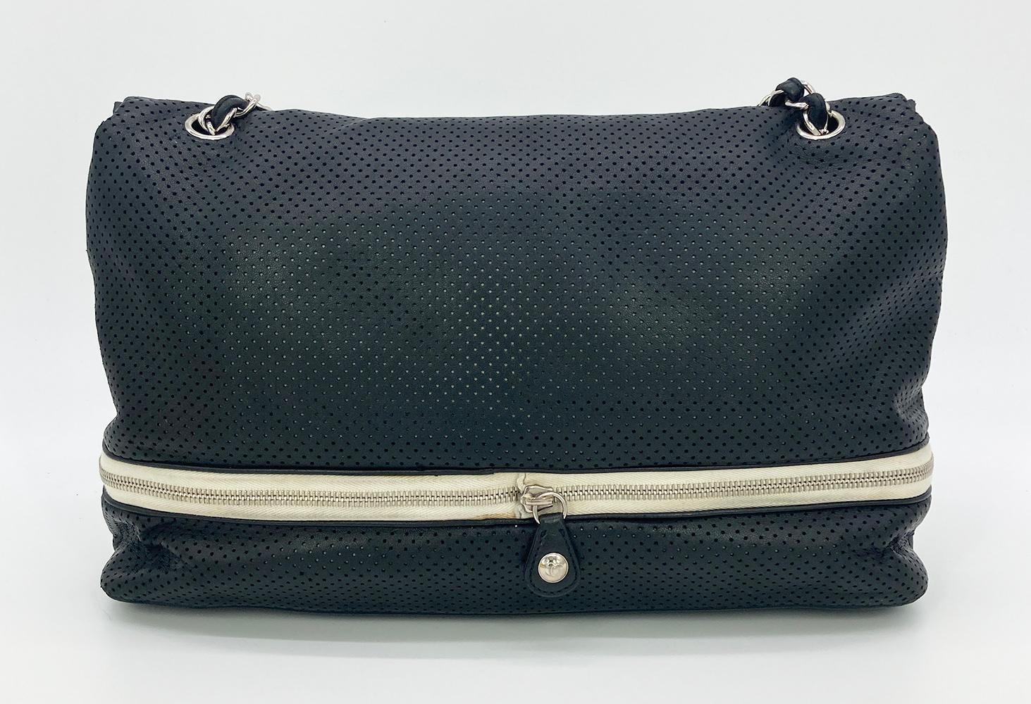 Chanel Black Perforated Leather Expandable Classic New Shoulder Bag