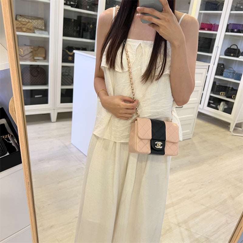 Chanel Classic Square Mini Flap In Bicolor Beige And Black Lambskin And Lghw Bag