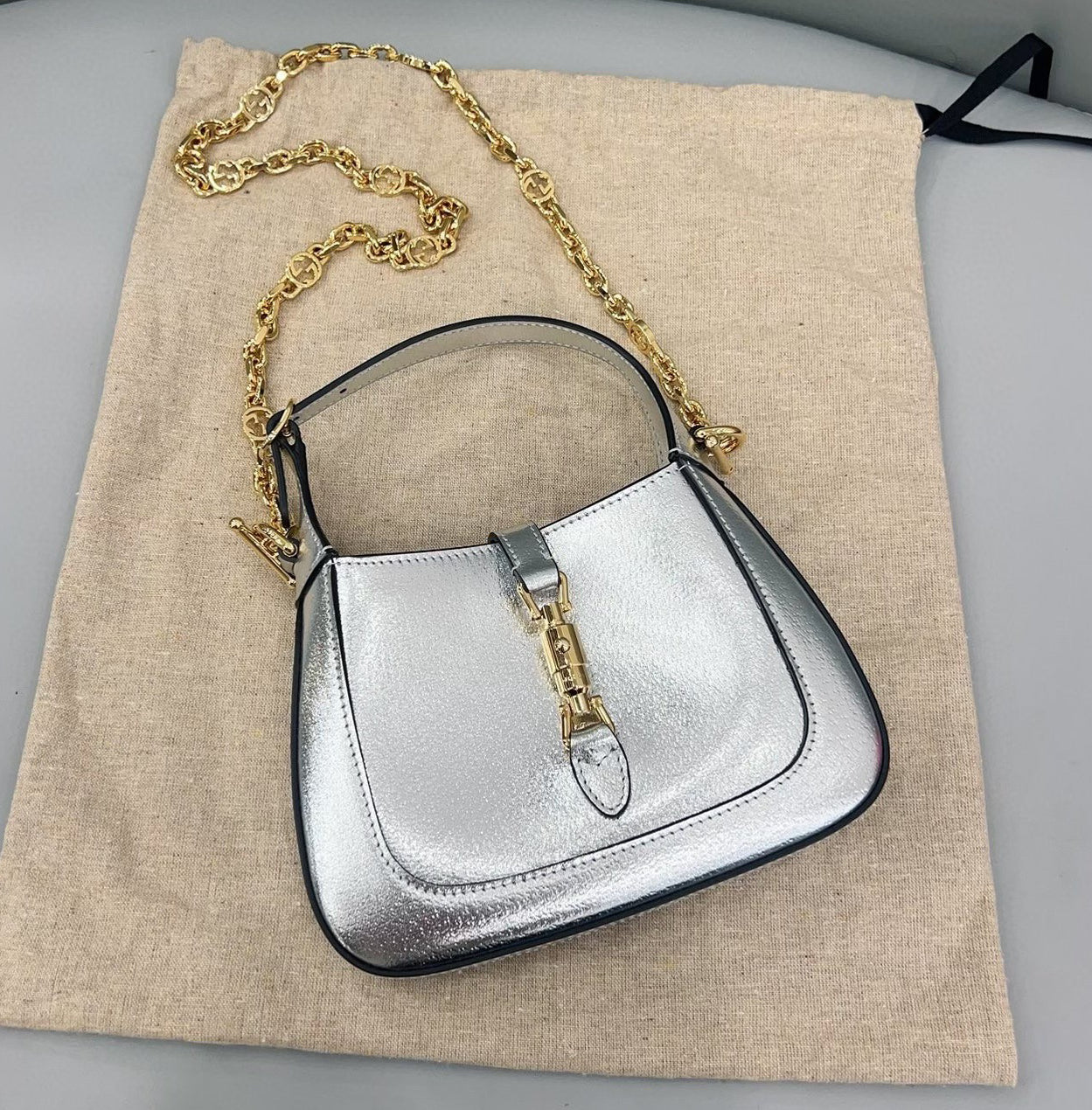 Gucci Jackie LamÃ© Strap Leather Silver Mini Chain Mini Bag