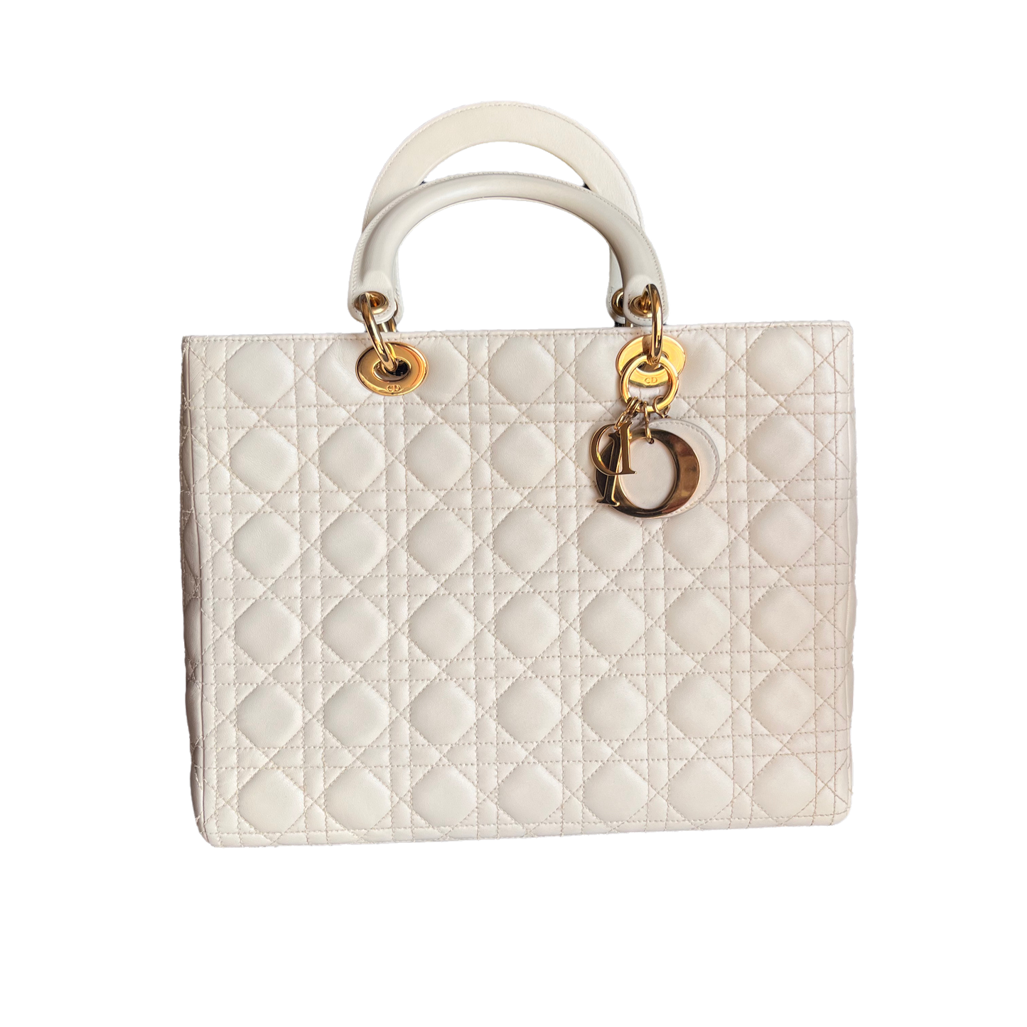 Dior Lady Large Cream Cannage Lambskin Handbag With Leather White Travel Bag