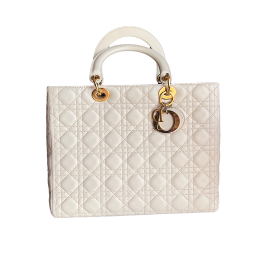 Dior Lady Large Cream Cannage Lambskin Handbag With Leather White Travel Bag