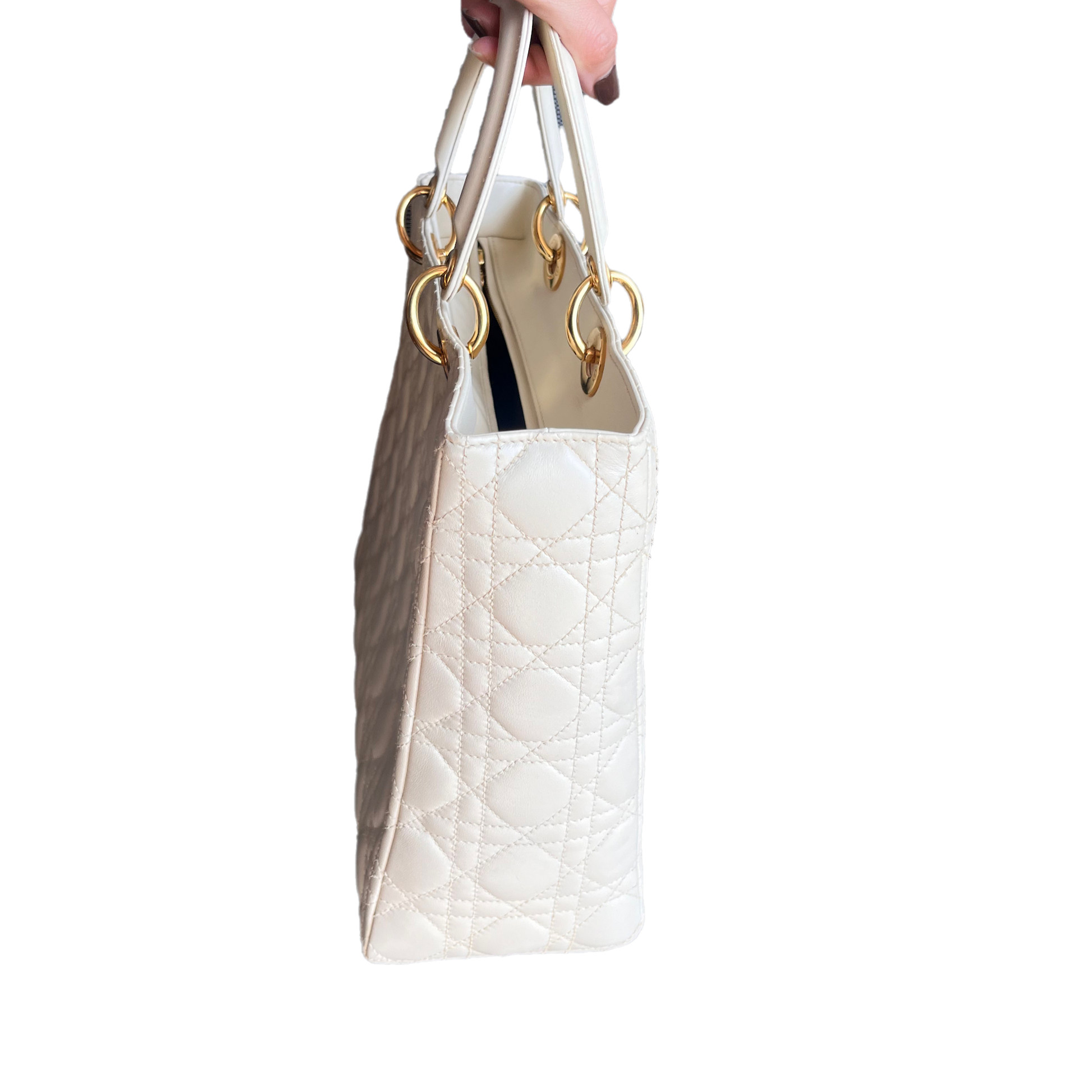 Dior Lady Large Cream Cannage Lambskin Handbag With Leather White Travel Bag