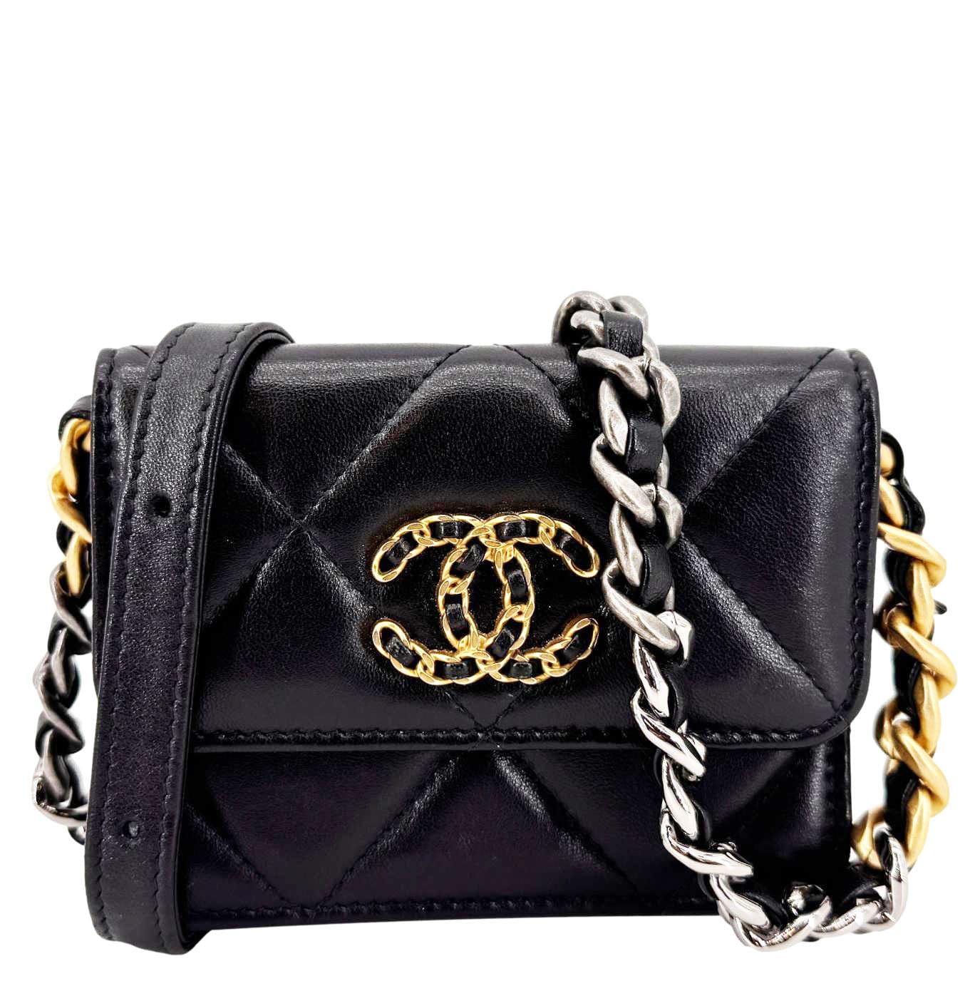 Chanel 19 Flap Coin Purse Quilted Leather Black Wallet Case Bag Black