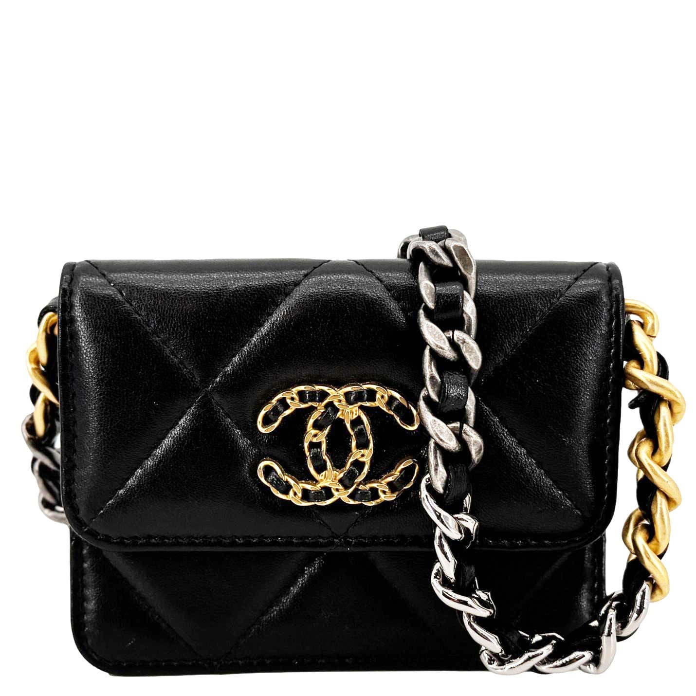 Chanel 19 Flap Coin Purse Quilted Leather Black Wallet Case Bag Black