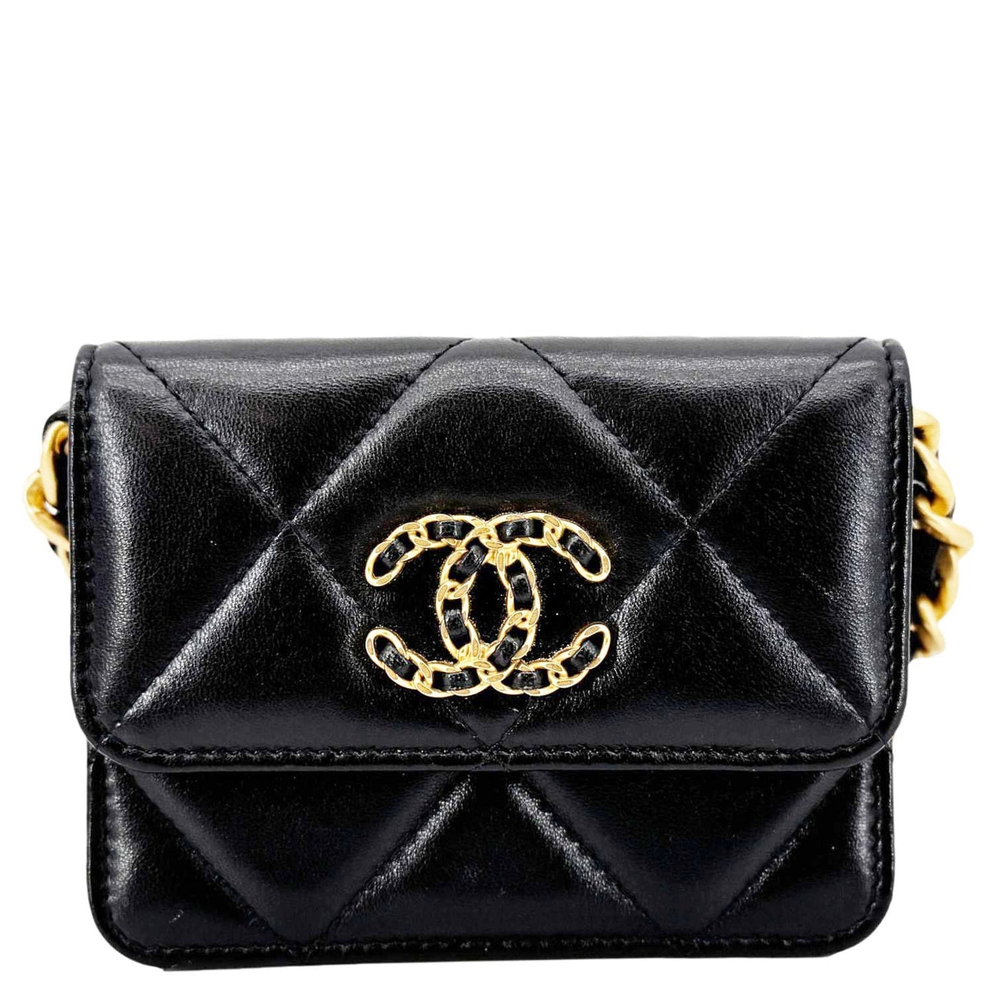 Chanel 19 Flap Coin Purse Quilted Leather Black Wallet Case Bag Black