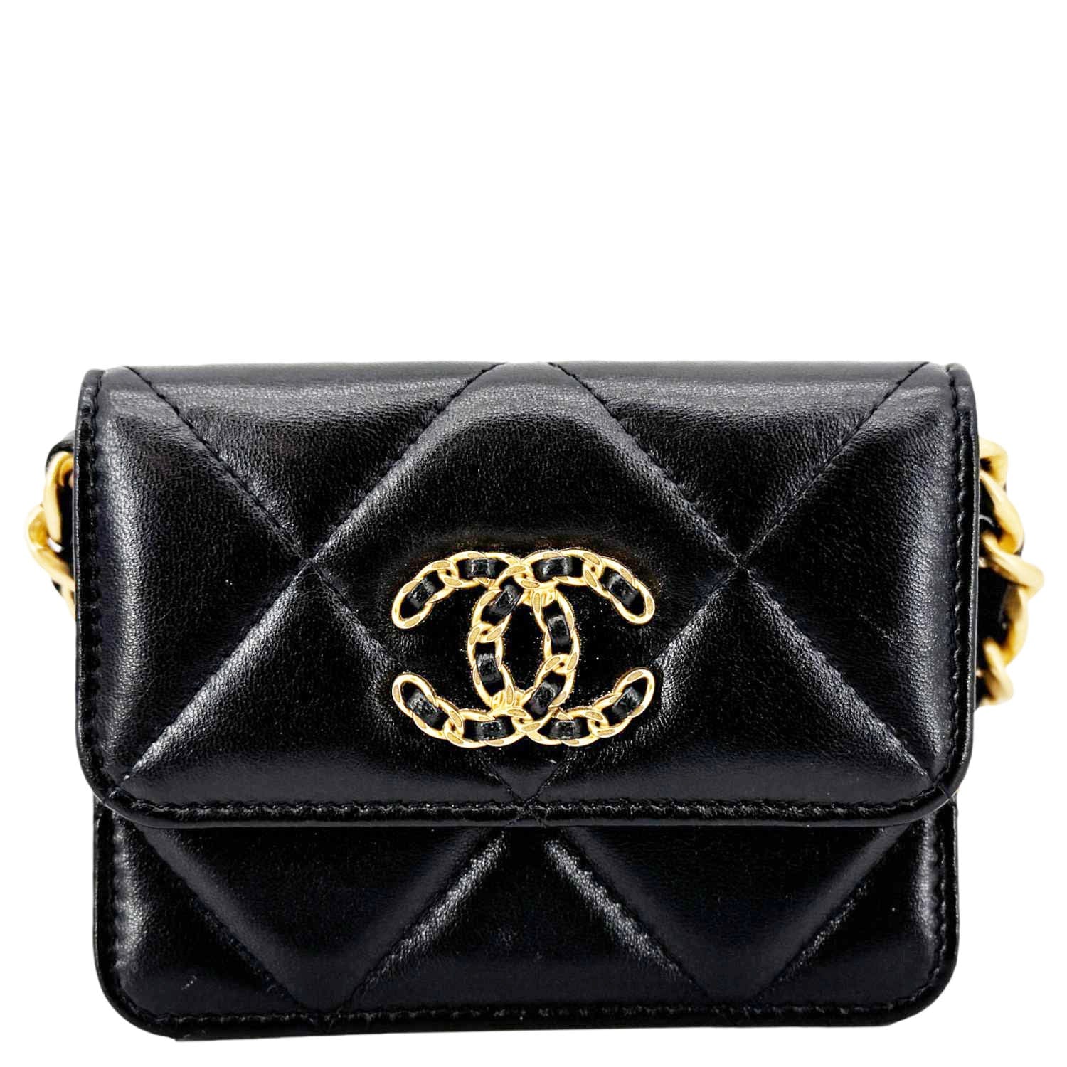 Chanel 19 Flap Coin Purse Quilted Leather Black Wallet Case Bag Black