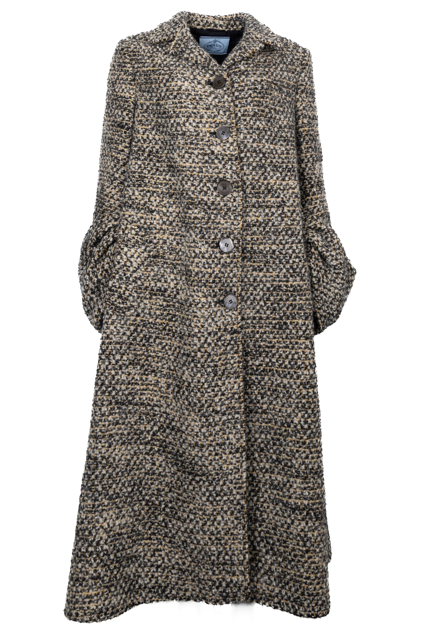 Prada Long Tweed Coat Black White Yellow Handbag